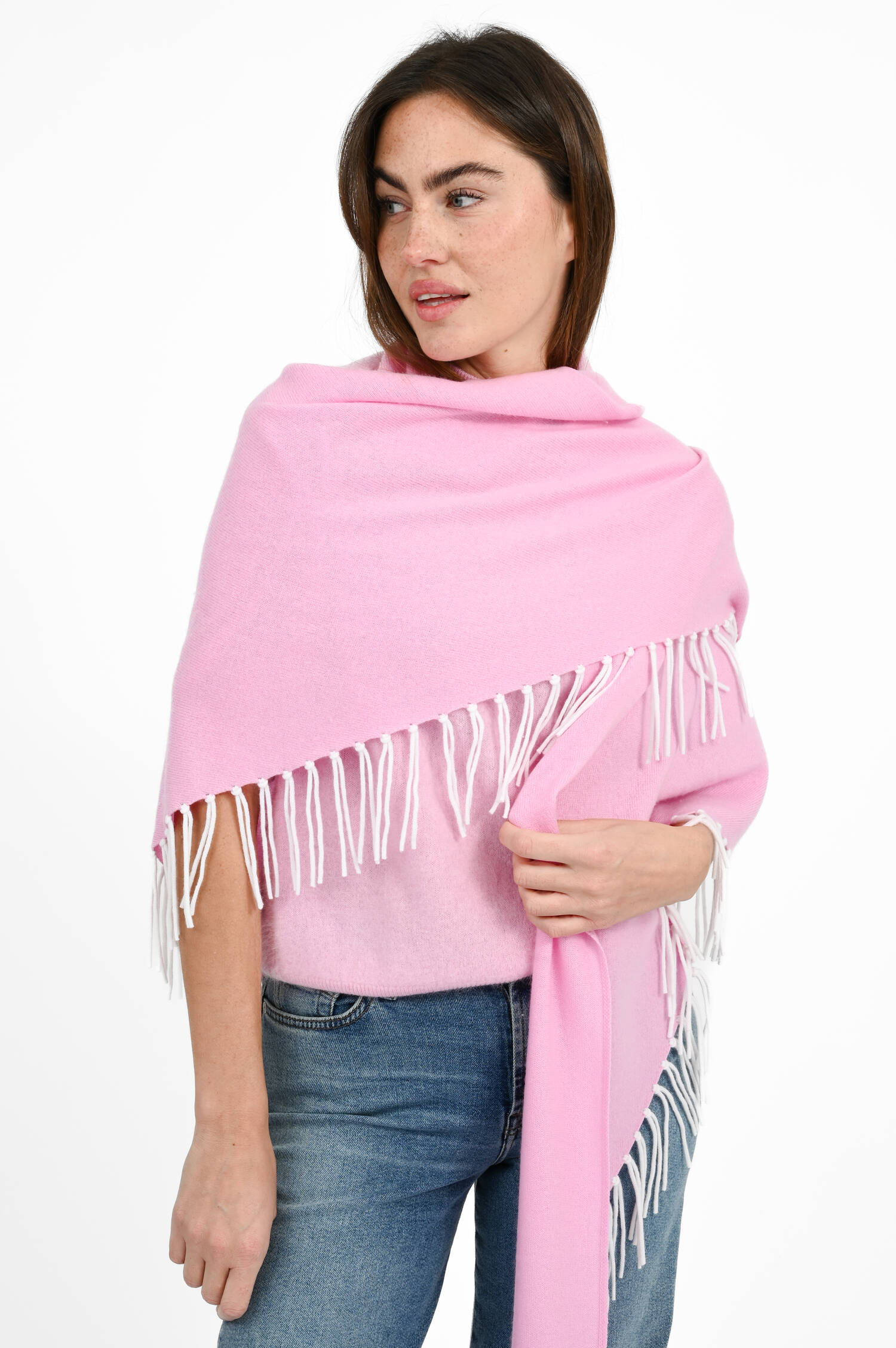 Dreieckstuch mit Fransen in Weiß/Pink