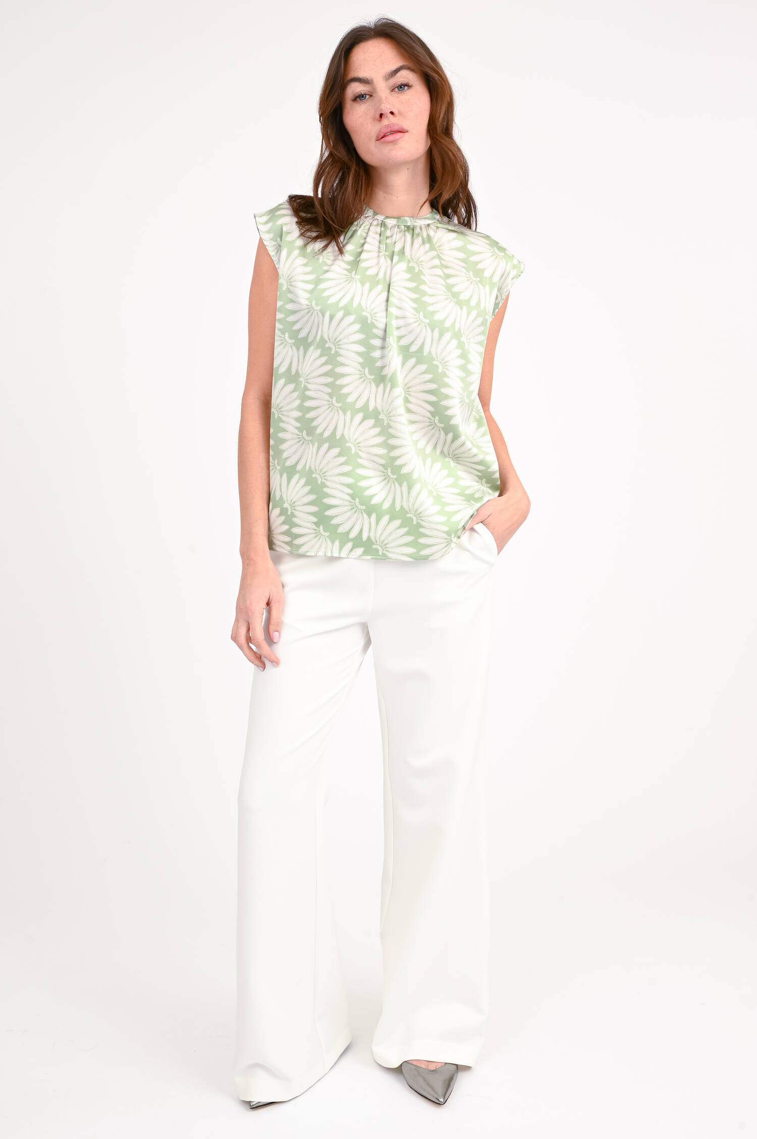 Seiden-Top FELLNI in Salbei/Weiß gemustert