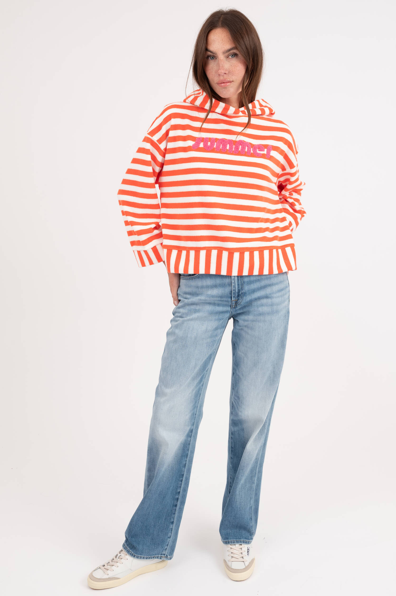Frottee Sweater in Orange/Weiß gestreift