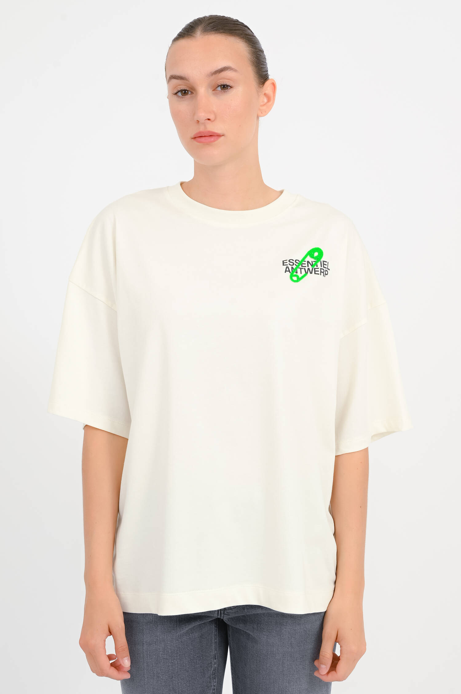 T-Shirt mit Perlen-Detail in Off White