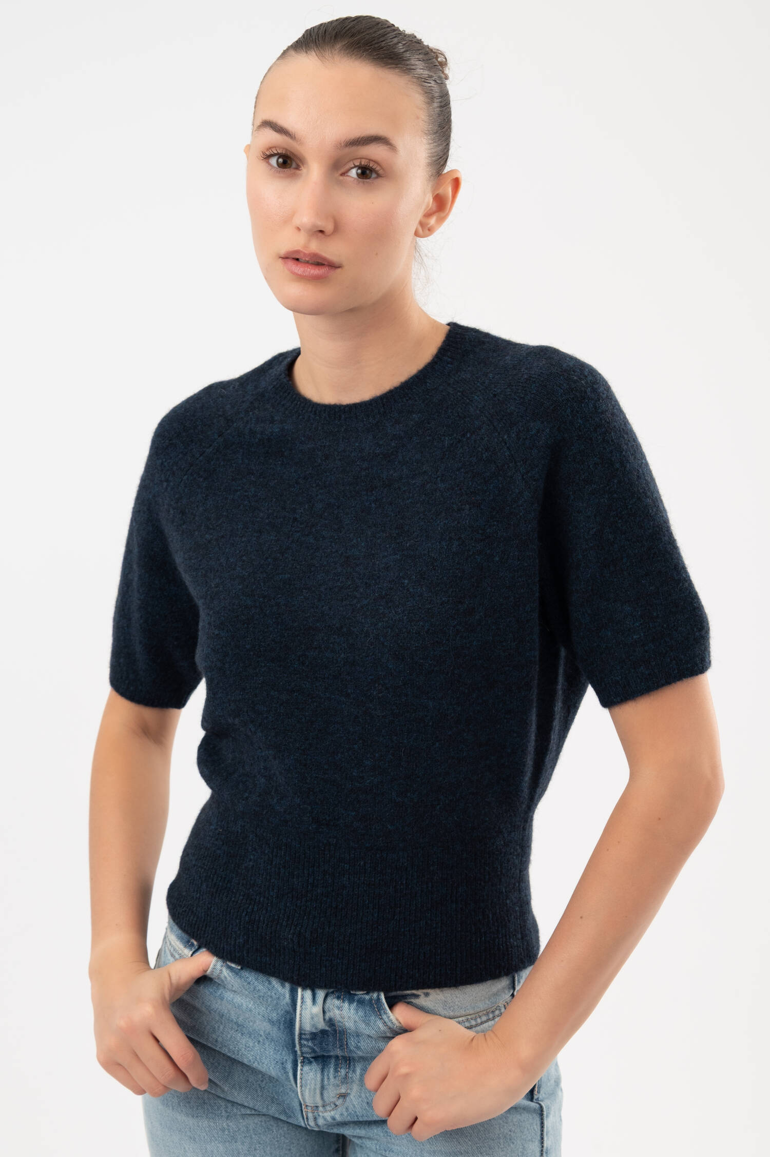 Alpaka-Woll-Mix-Kurzarmpullover in Navy meliert Alpaka-Woll-Mix-Kurzarmpullover in Navy meliert