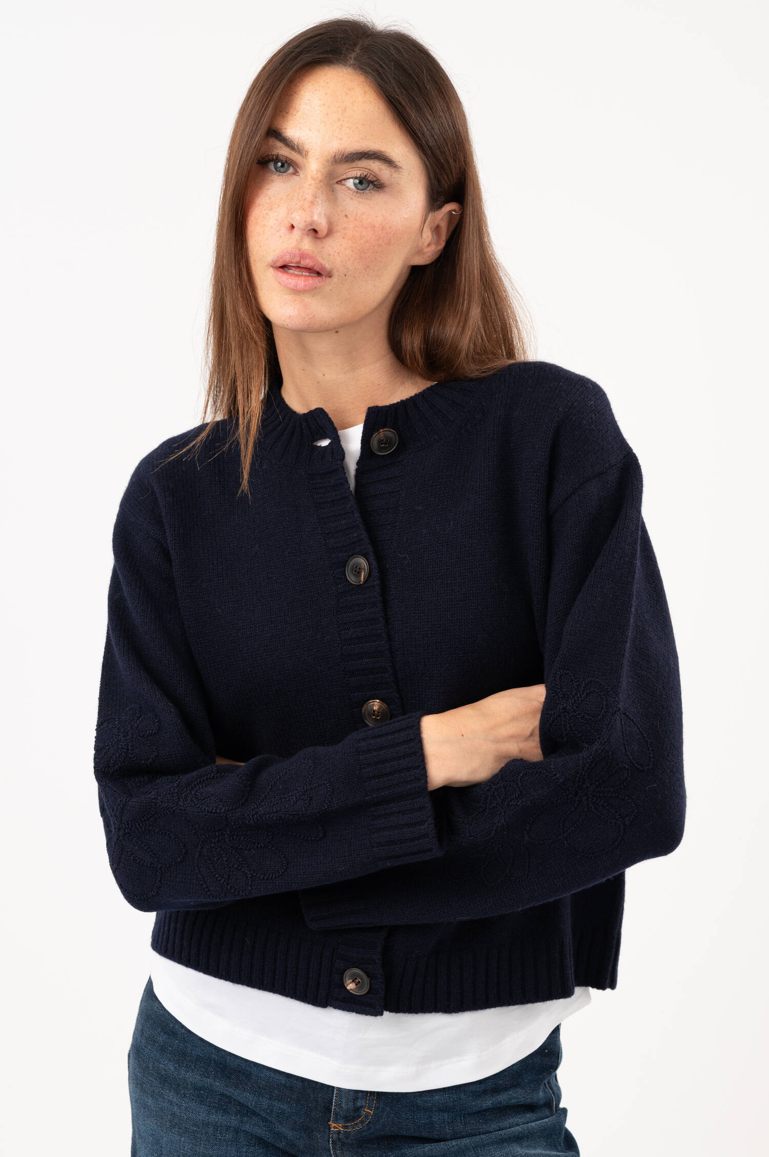 Woll-Mix-Cardigan mit Blumenstickerei in Navy Woll-Mix-Cardigan mit Blumenstickerei in Navy