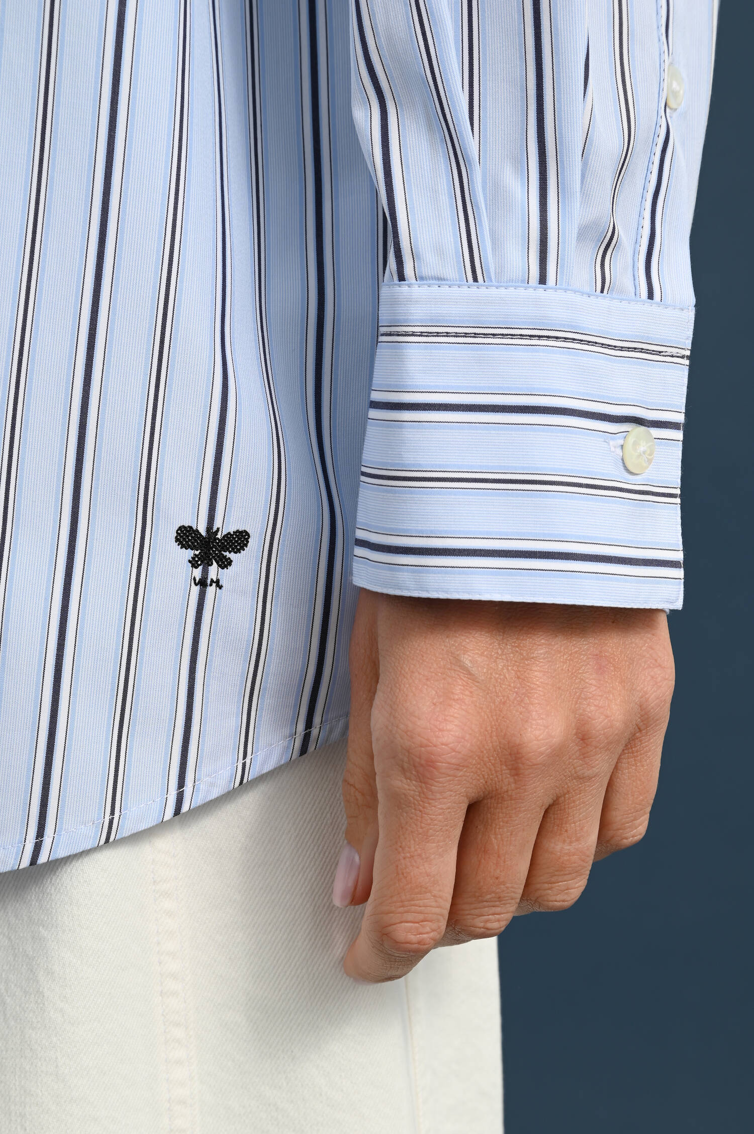 Gestreifte Baumwoll Bluse KASACK in Azurblau/Weiß 