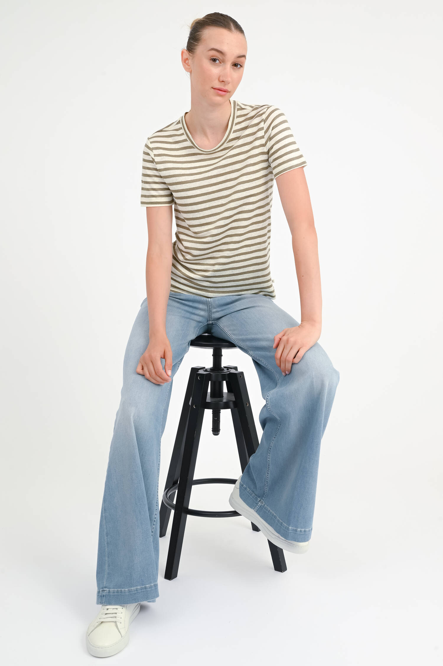 Gestreiftes Leinen-Shirt in Khaki/Weiß