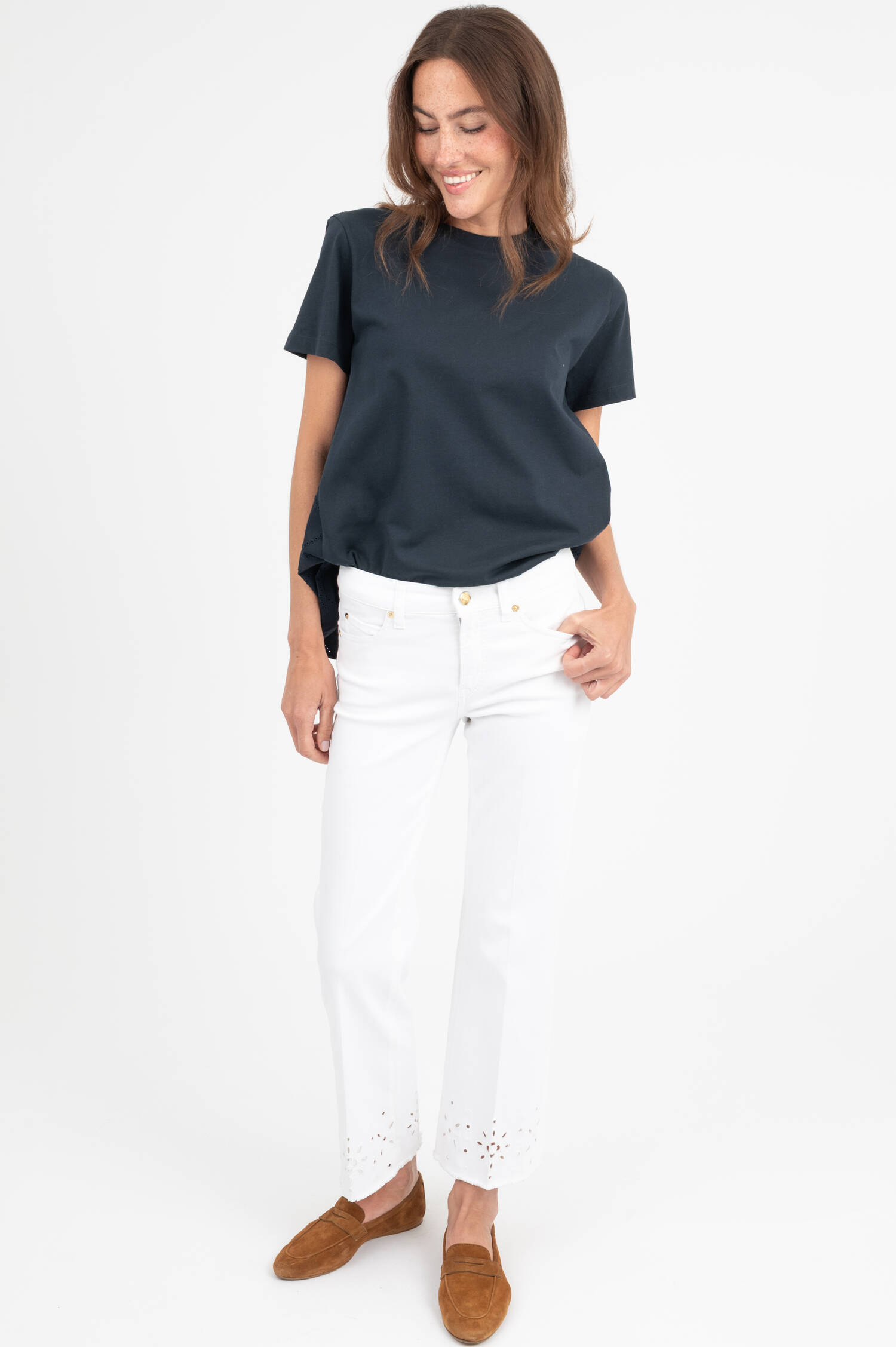 Stretchjeans mit Floraler Lochstickerei in Weiß