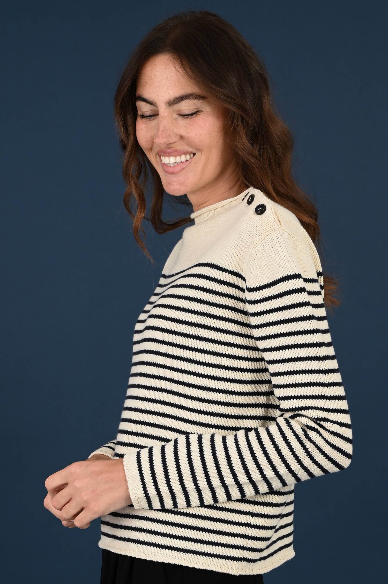 Pullover QUADRO in Blau/Beige gestreift