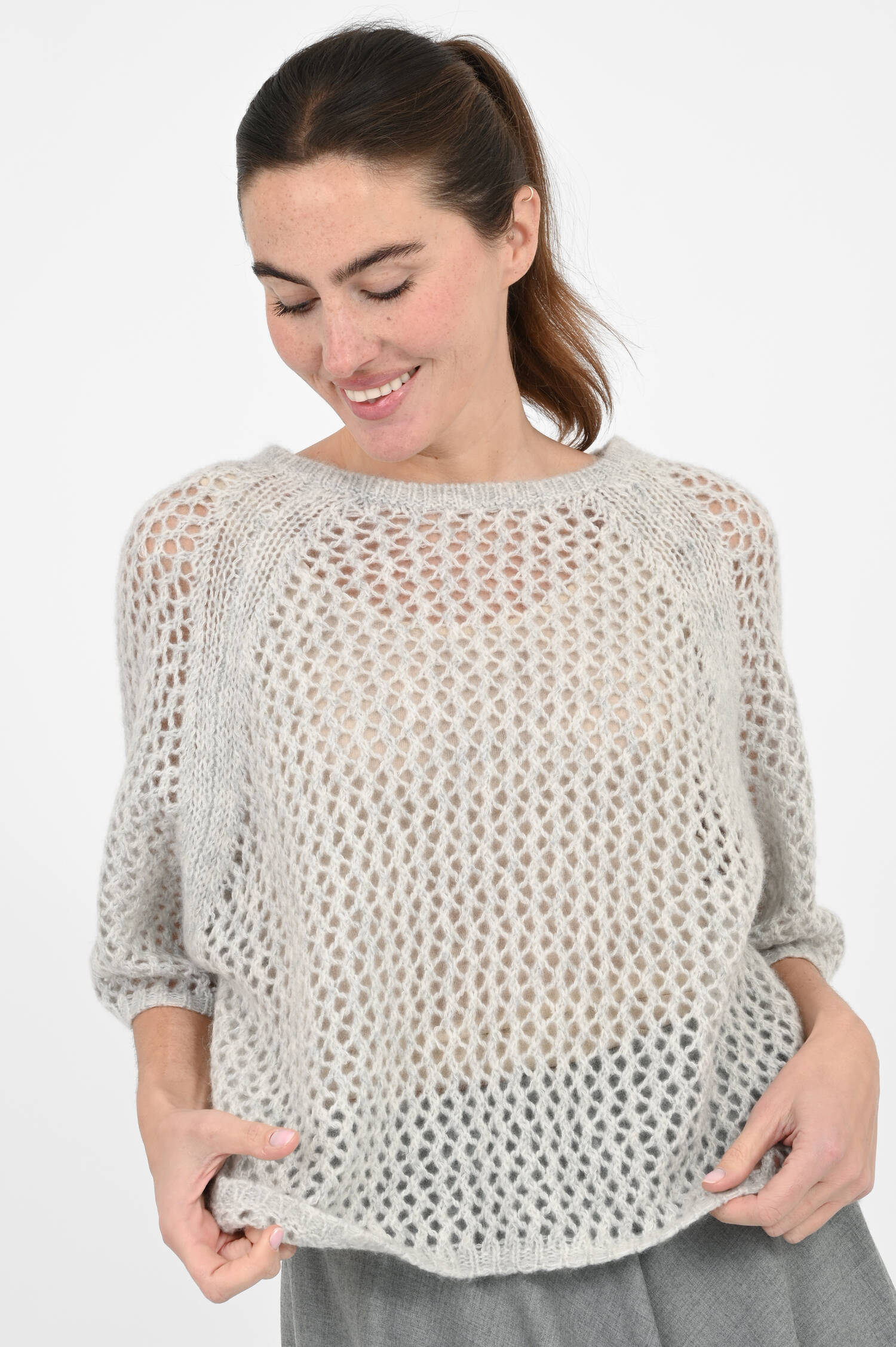 Lochstrick-Pullover in Grau meliert Lochstrick-Pullover in Grau meliert