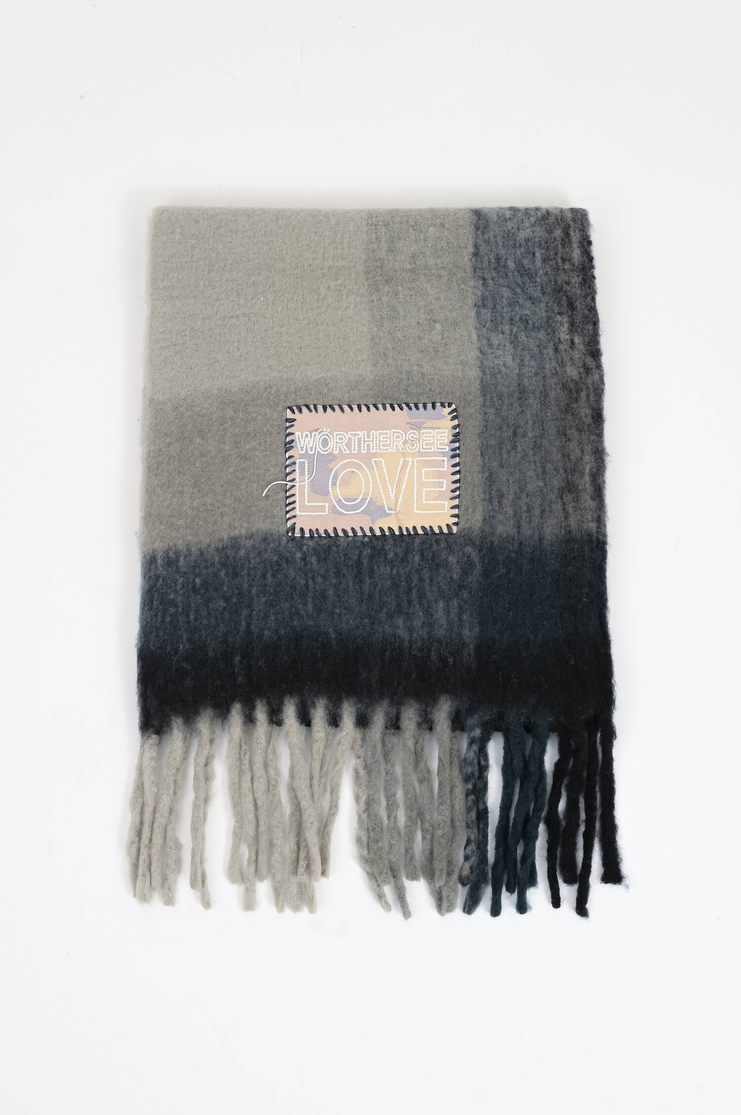 Schal mit WÖRTHERSEE LOVE Patch in Grau/Blau Schal mit WÖRTHERSEE LOVE Patch in Grau/Blau
