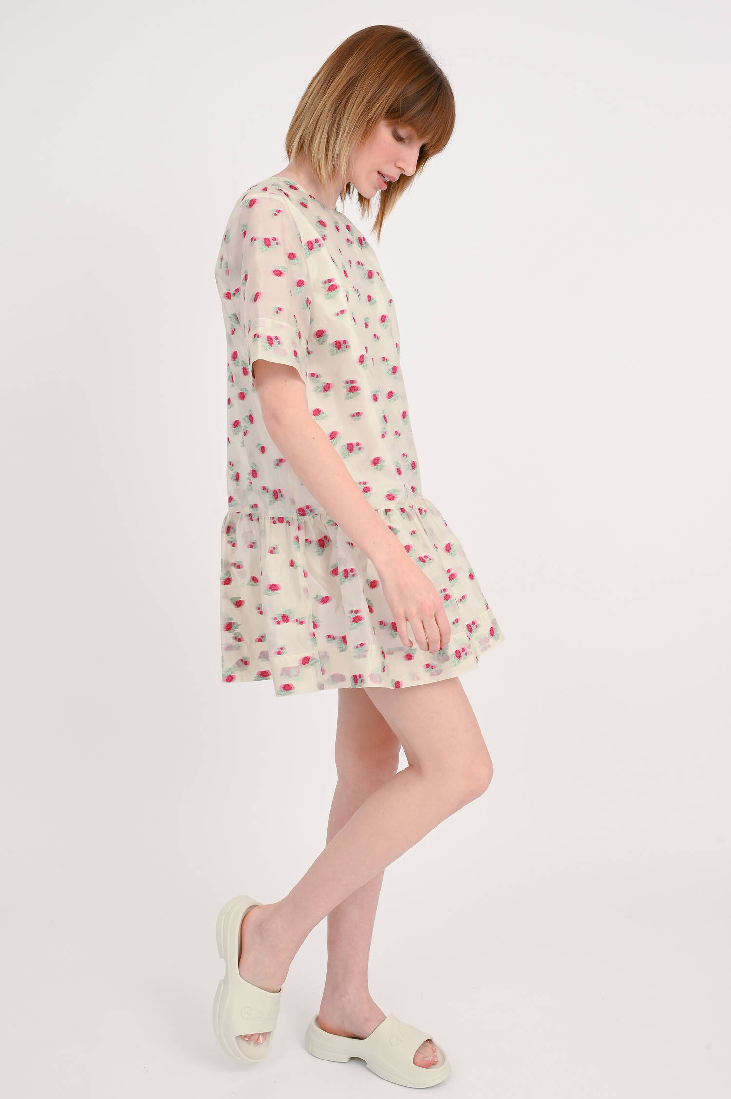 Organza Minikleid mit Rosen in Creme/Pink