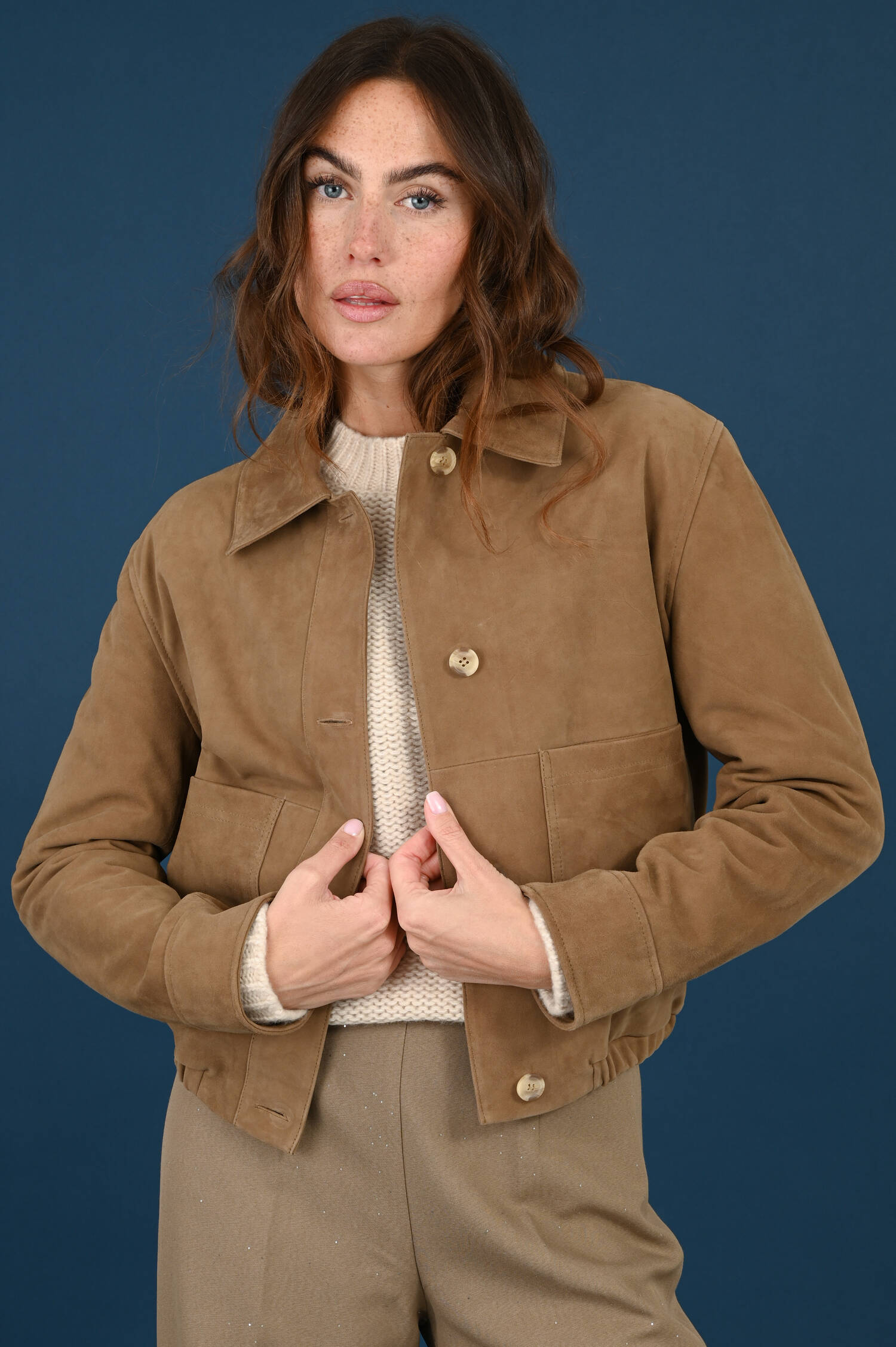 Velourslederjacke in Olive