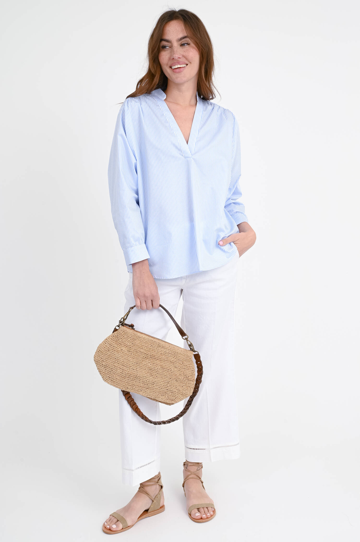 A-Linien Bluse OGAN in Hellblau/Weiß gestreift