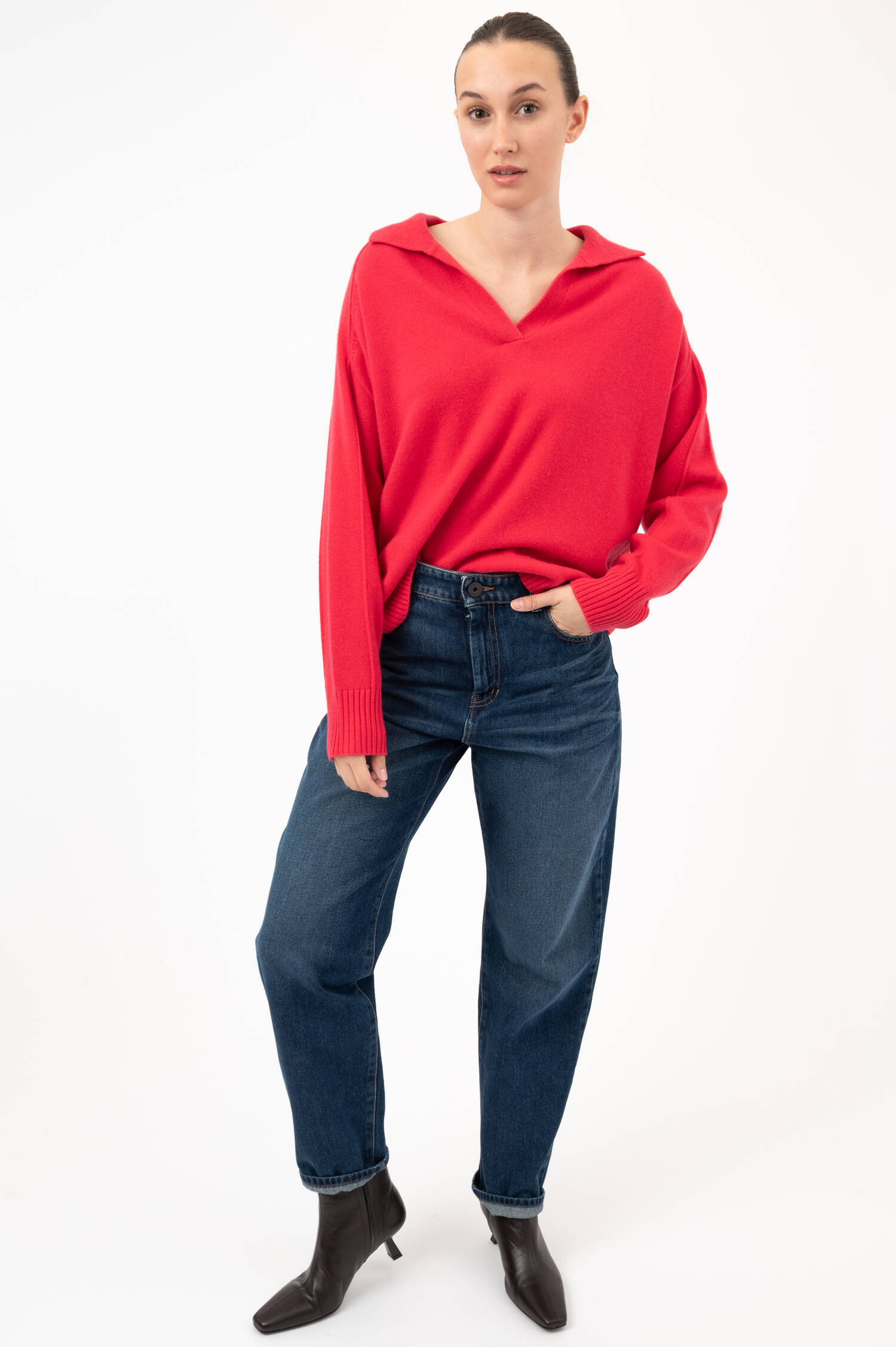 Woll-Cashmere-Pullover mit Polokragen in Himbeer Woll-Cashmere-Pullover mit Polokragen in Himbeer