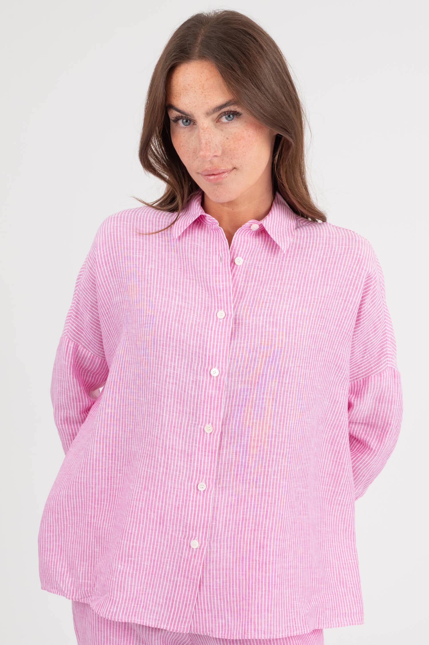Leinenbluse in Pink/Weiß gestreift Leinenbluse in Pink/Weiß gestreift