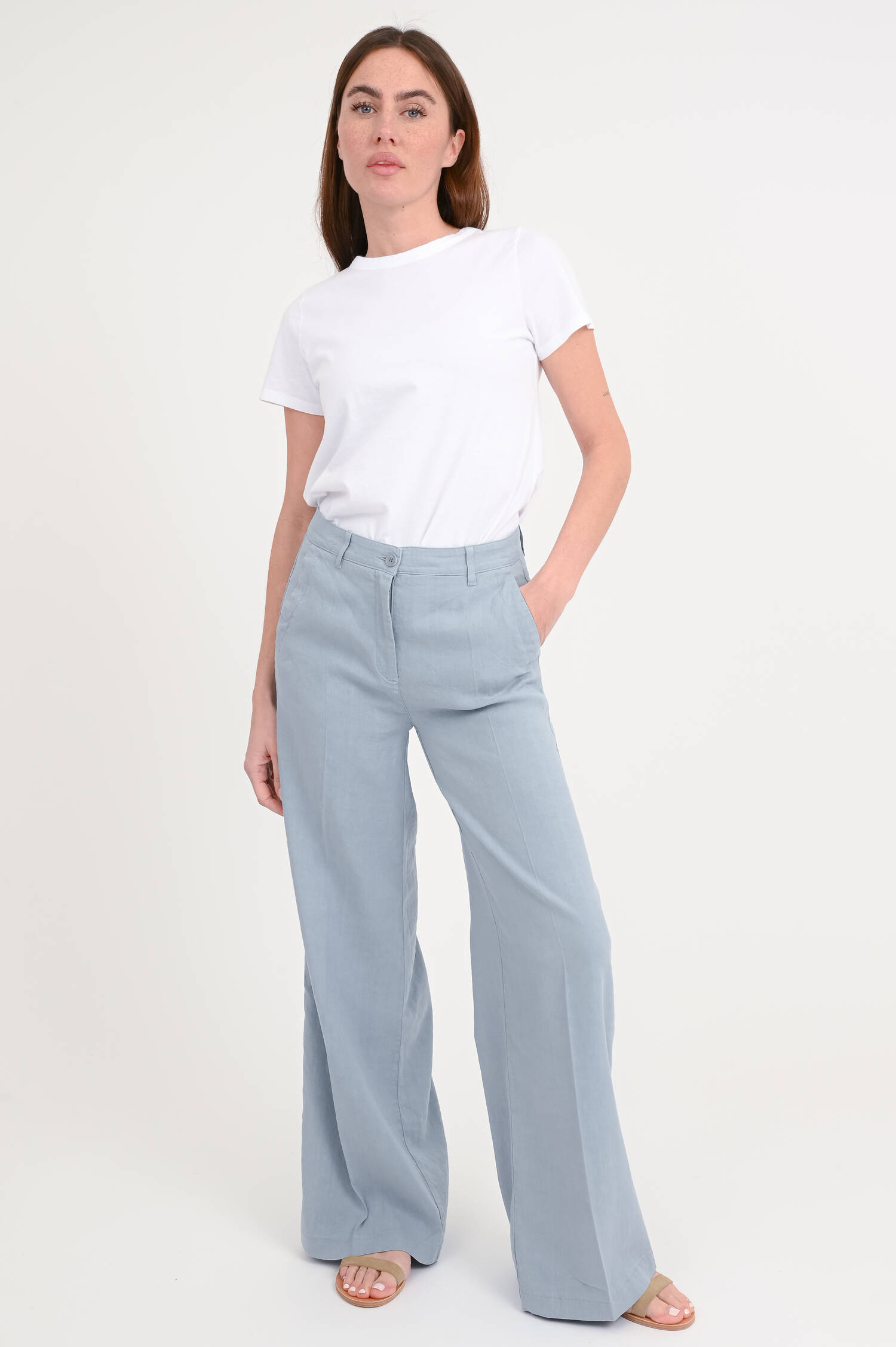 Wide-Leg Hose aus Leinen-Mix in Ocean Ash