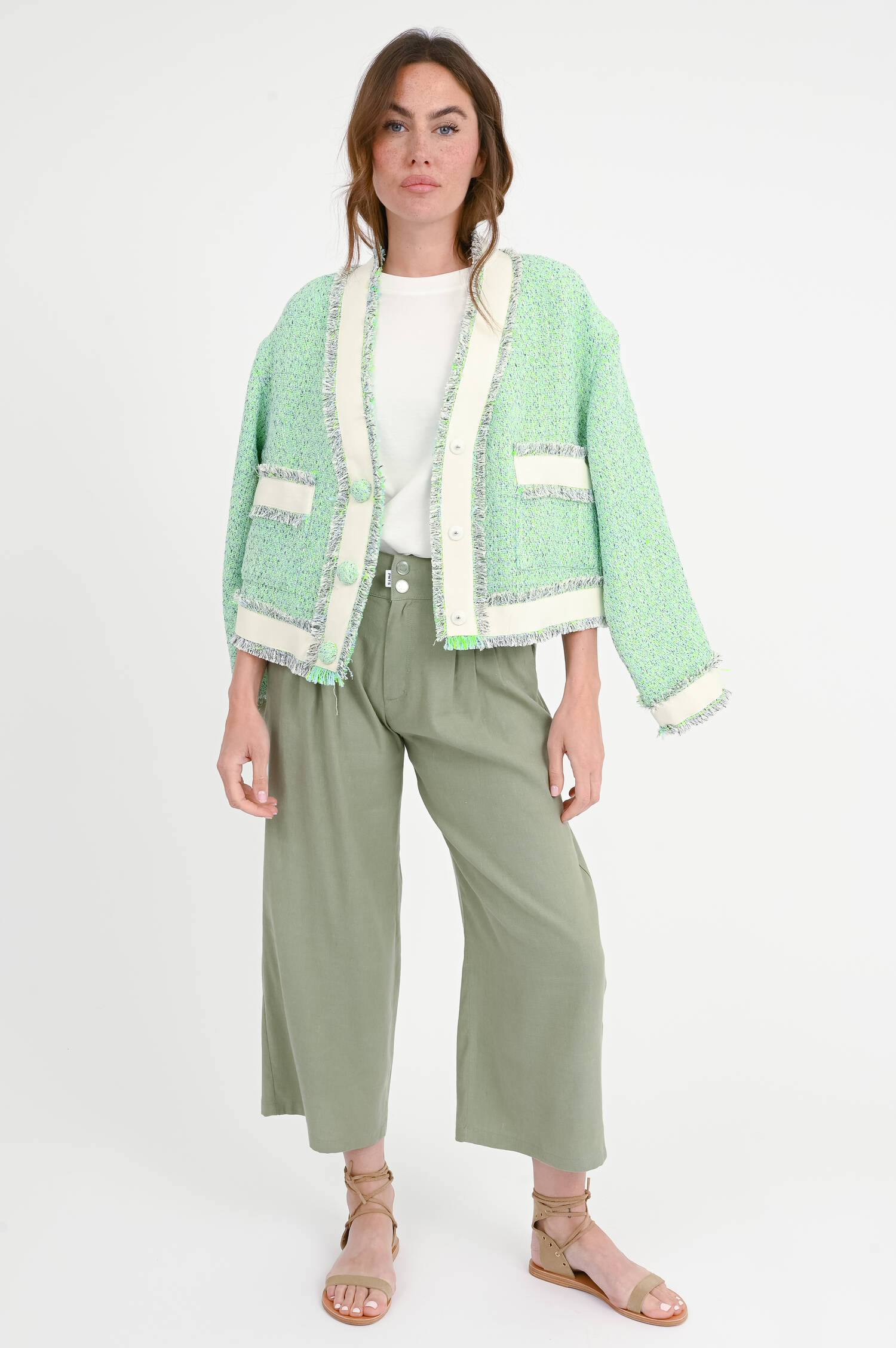 Jacke in Tweed-Bouclé-Optik in Hellblau/Lime