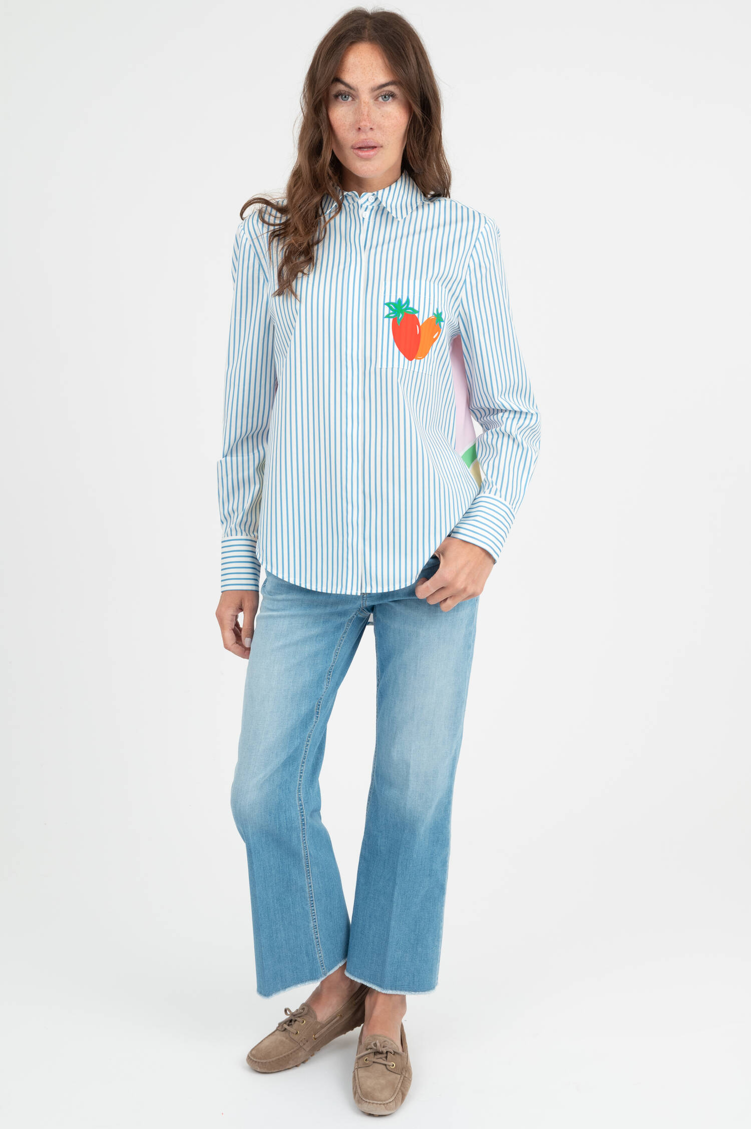 Bluse mit Rückenprint in Blau/Weiß gestreift Bluse mit Rückenprint in Blau/Weiß gestreift