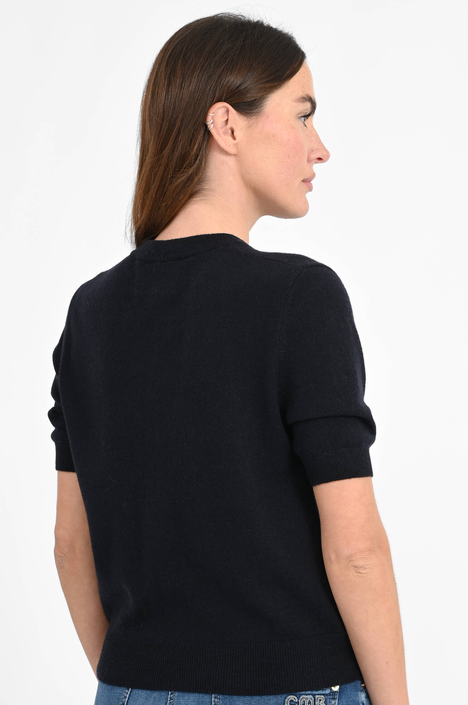 Kurzarm-Strickjacke aus Cashmere in Deep Navy Kurzarm-Strickjacke aus Cashmere in Deep Navy