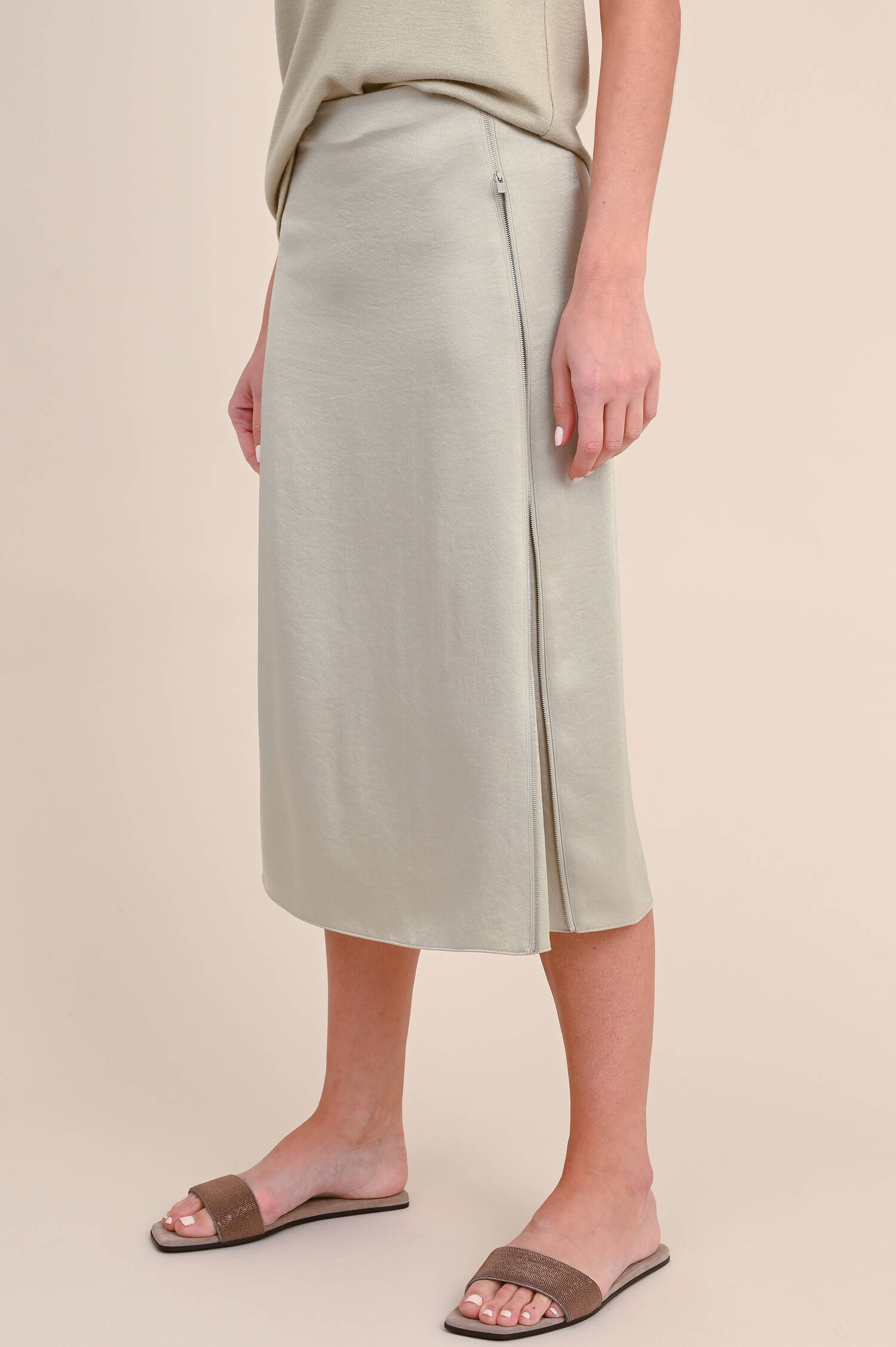 Midi Sliprock mit Zierreißverschluss in Taupe