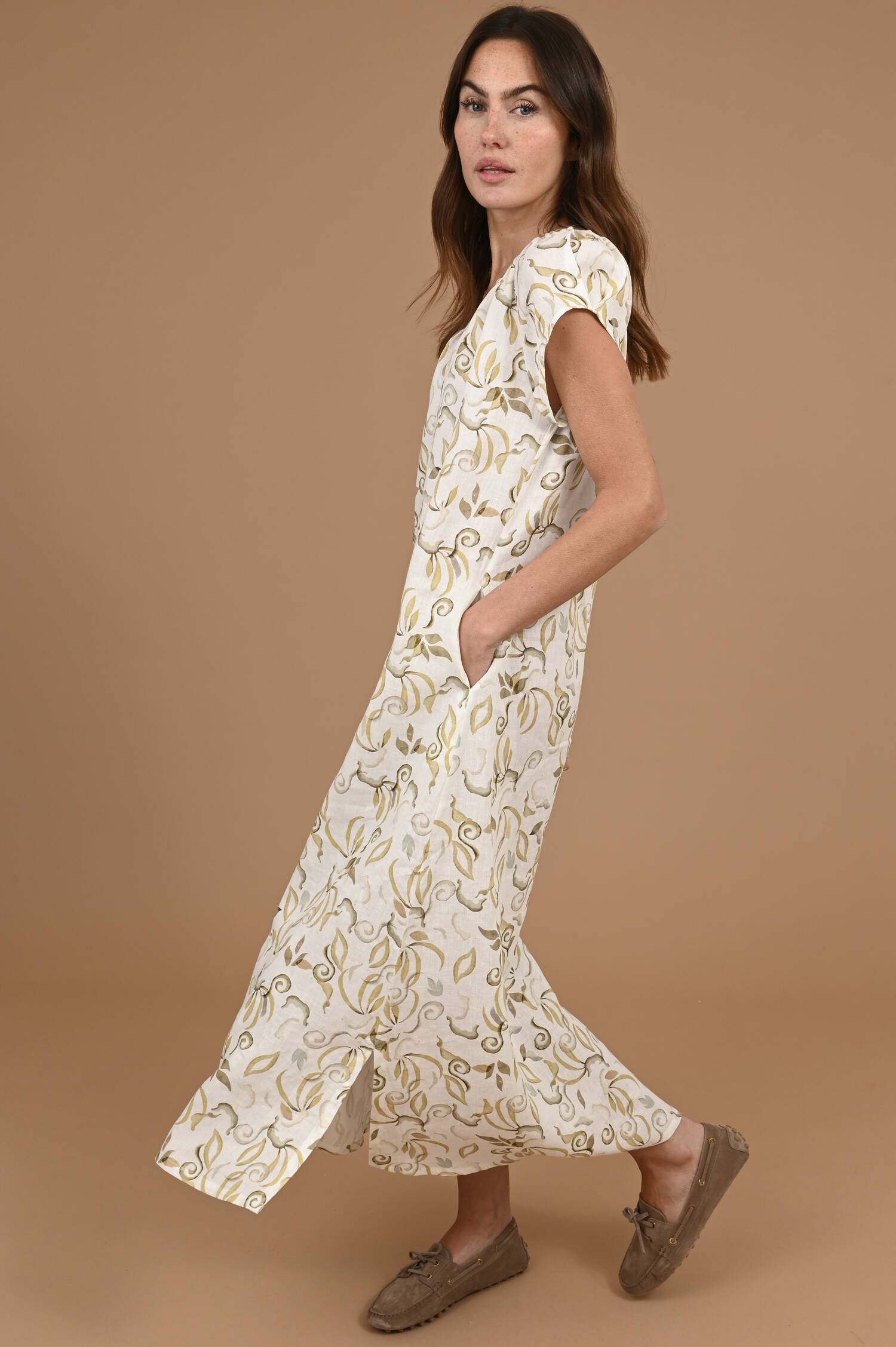 Leinenkleid RESY in Oliv/Weiß