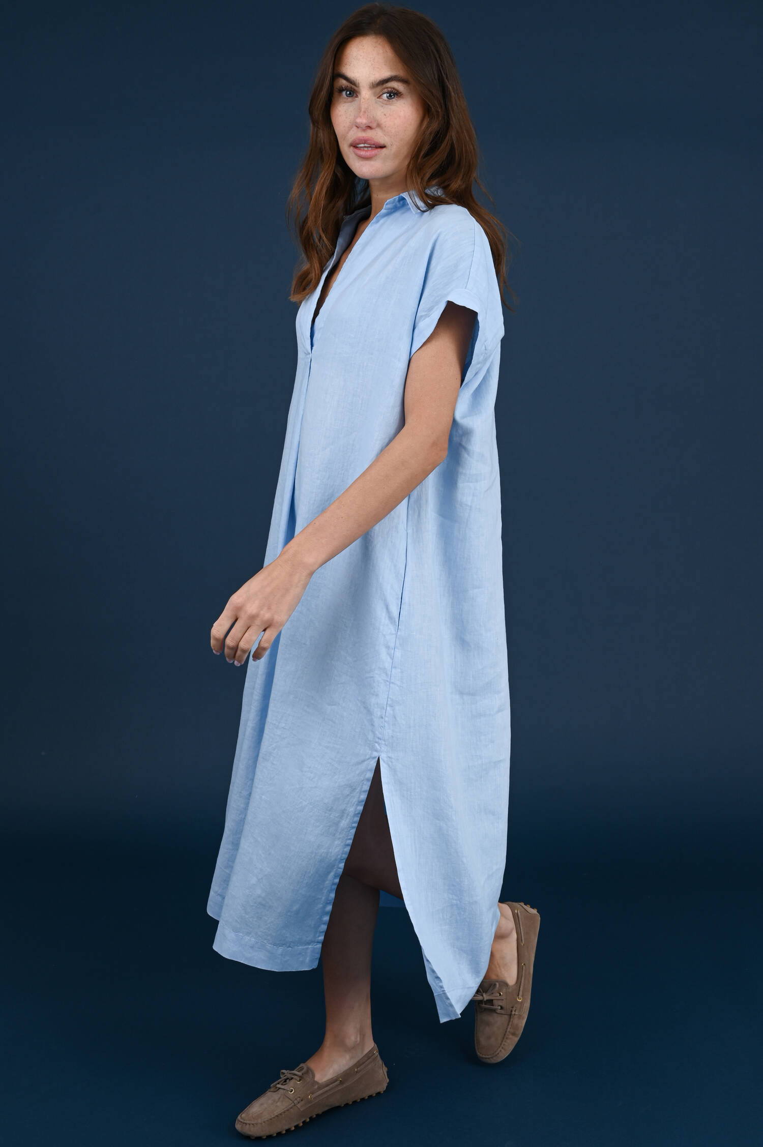 Leinenkleid mit Kurzarm in Hellblau