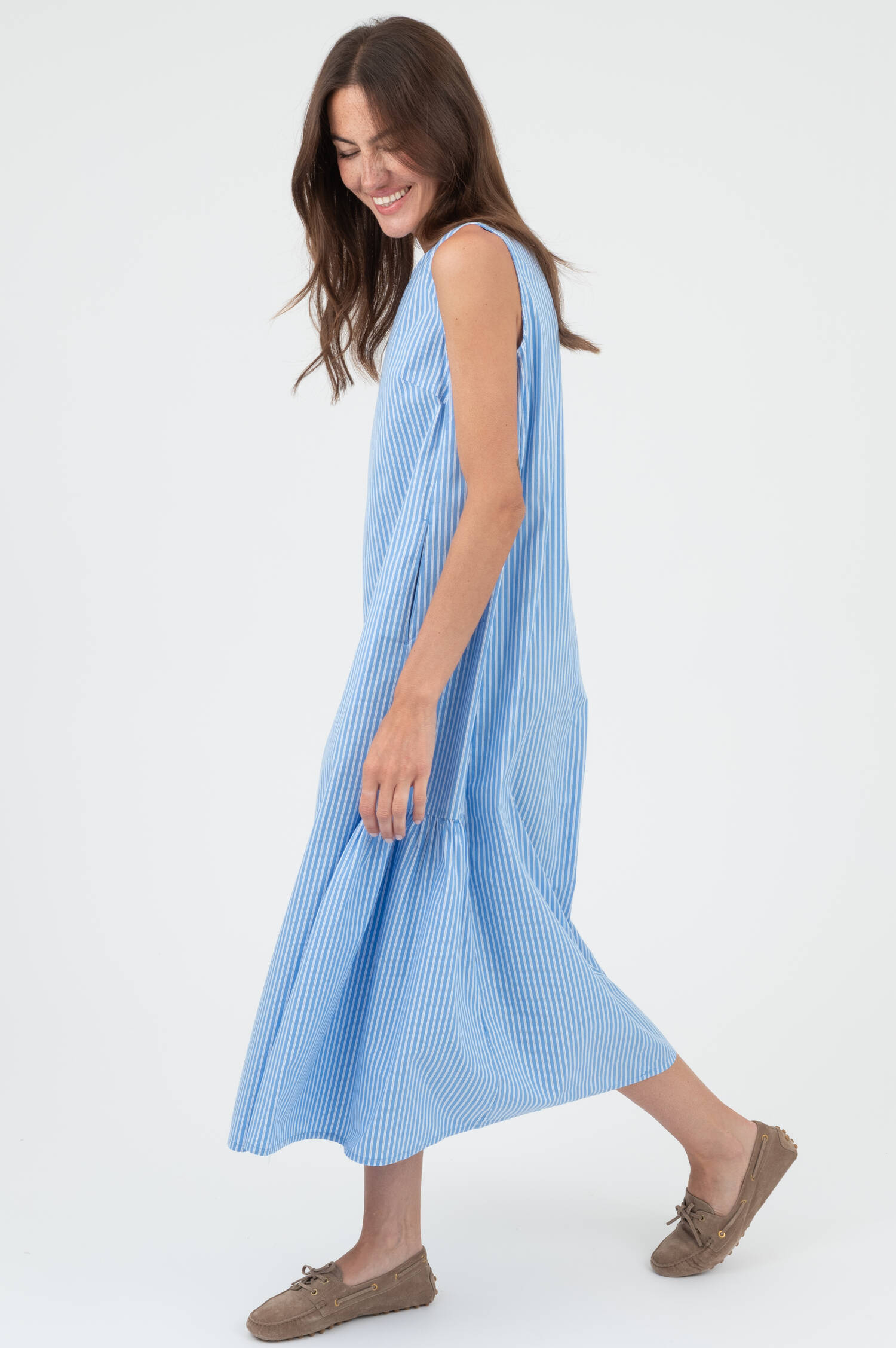 Midi Kleid in Hellblau/Weiß gestreift