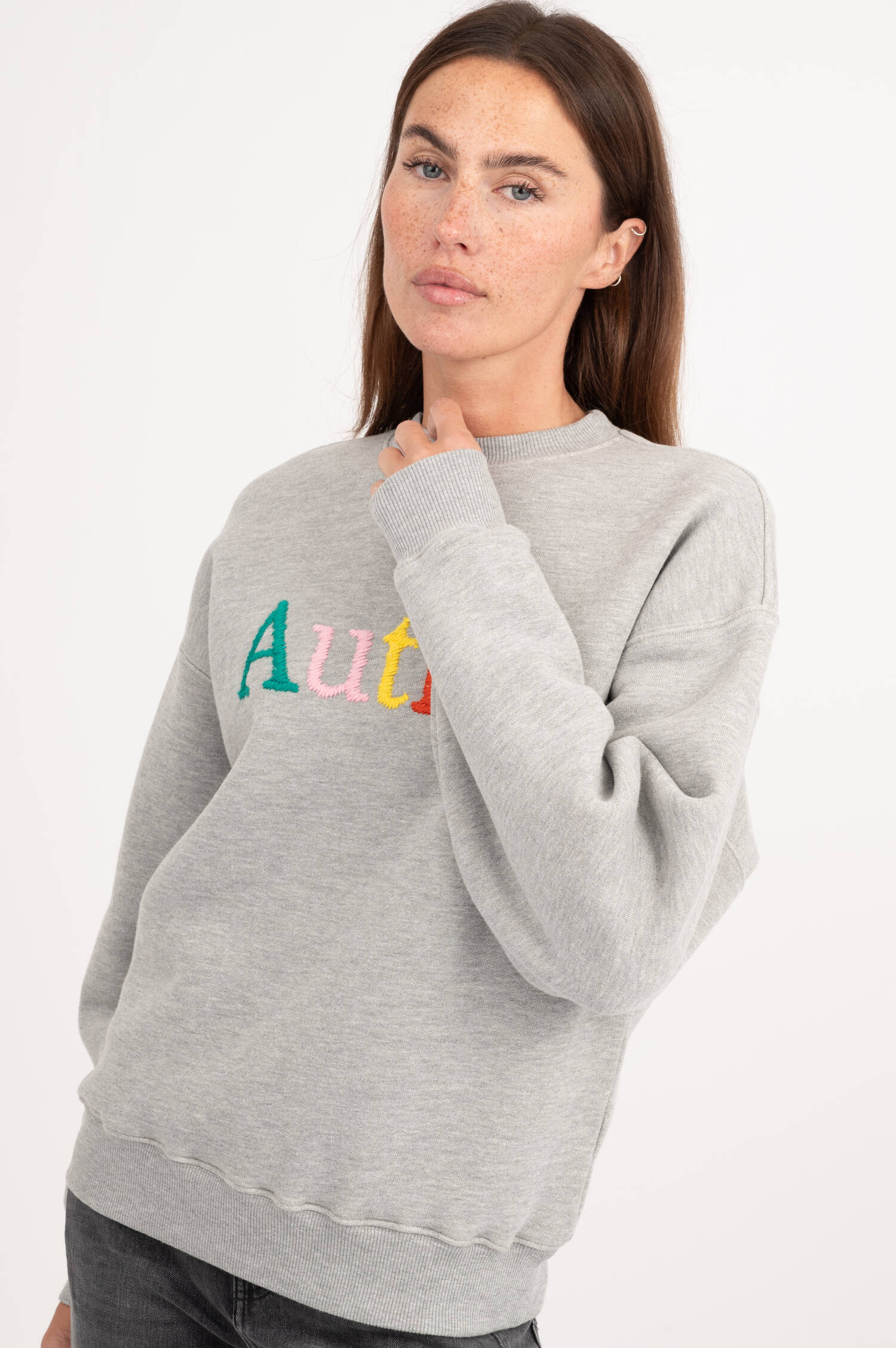 Sweatshirt mit Stick in Grau