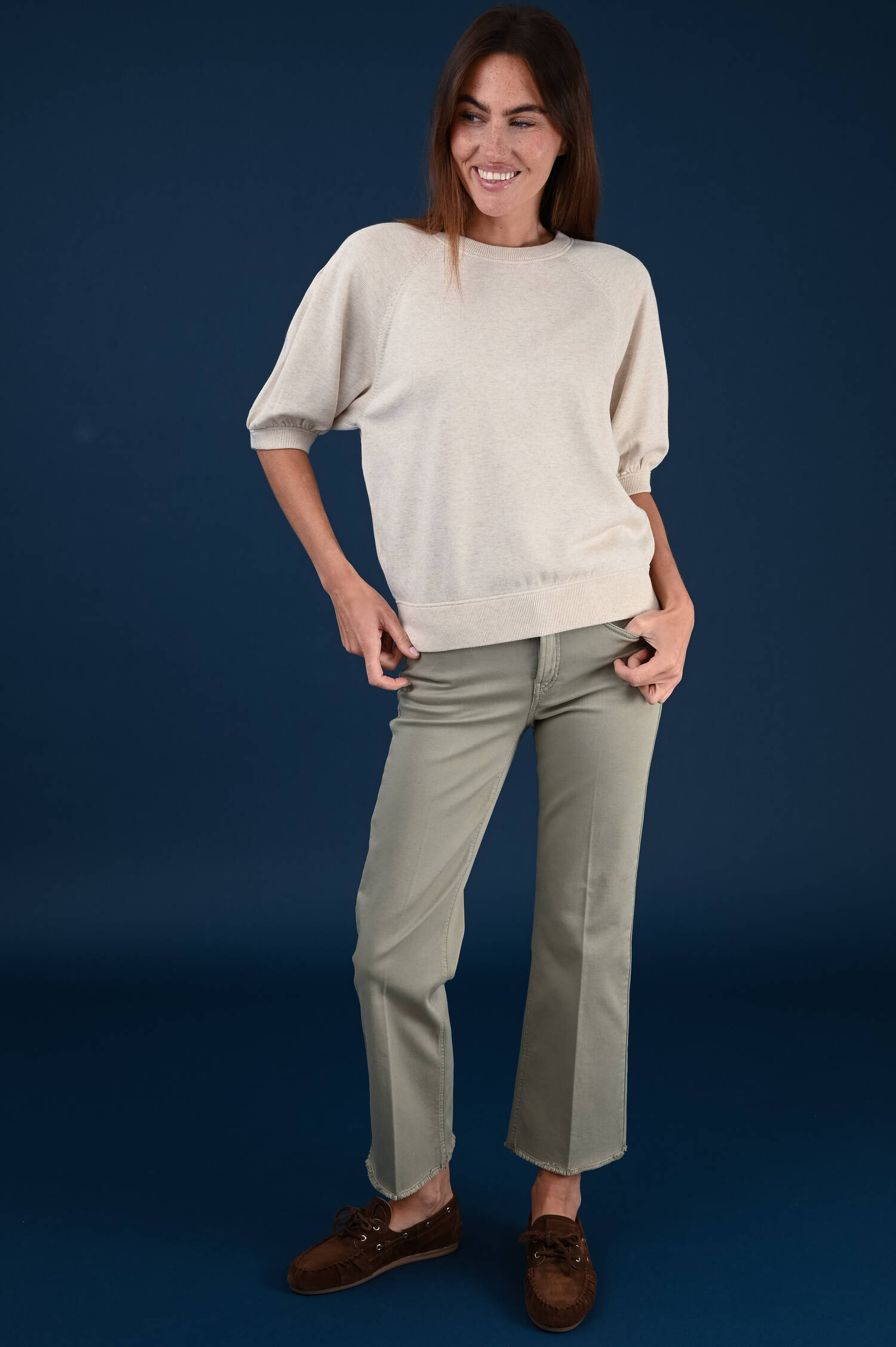 Pullover mit halblangen Puffärmel Ivorybeige