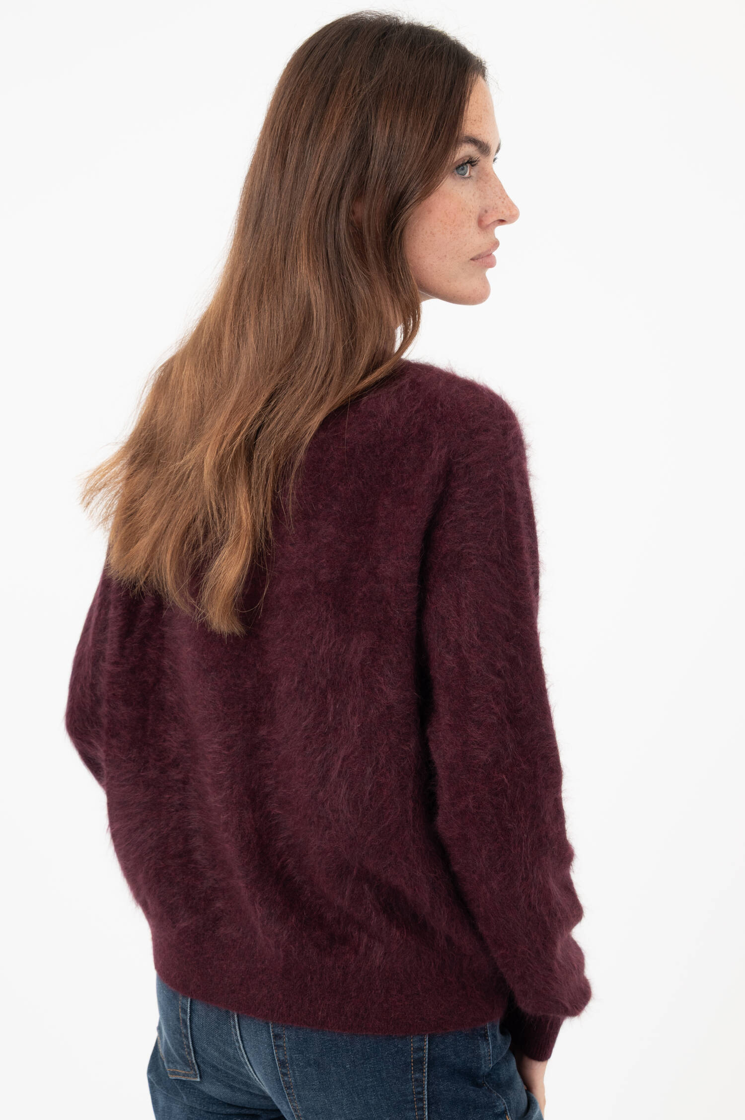 Hairy-Cashmere-Stehkragen-Cardigan in Beerenrot