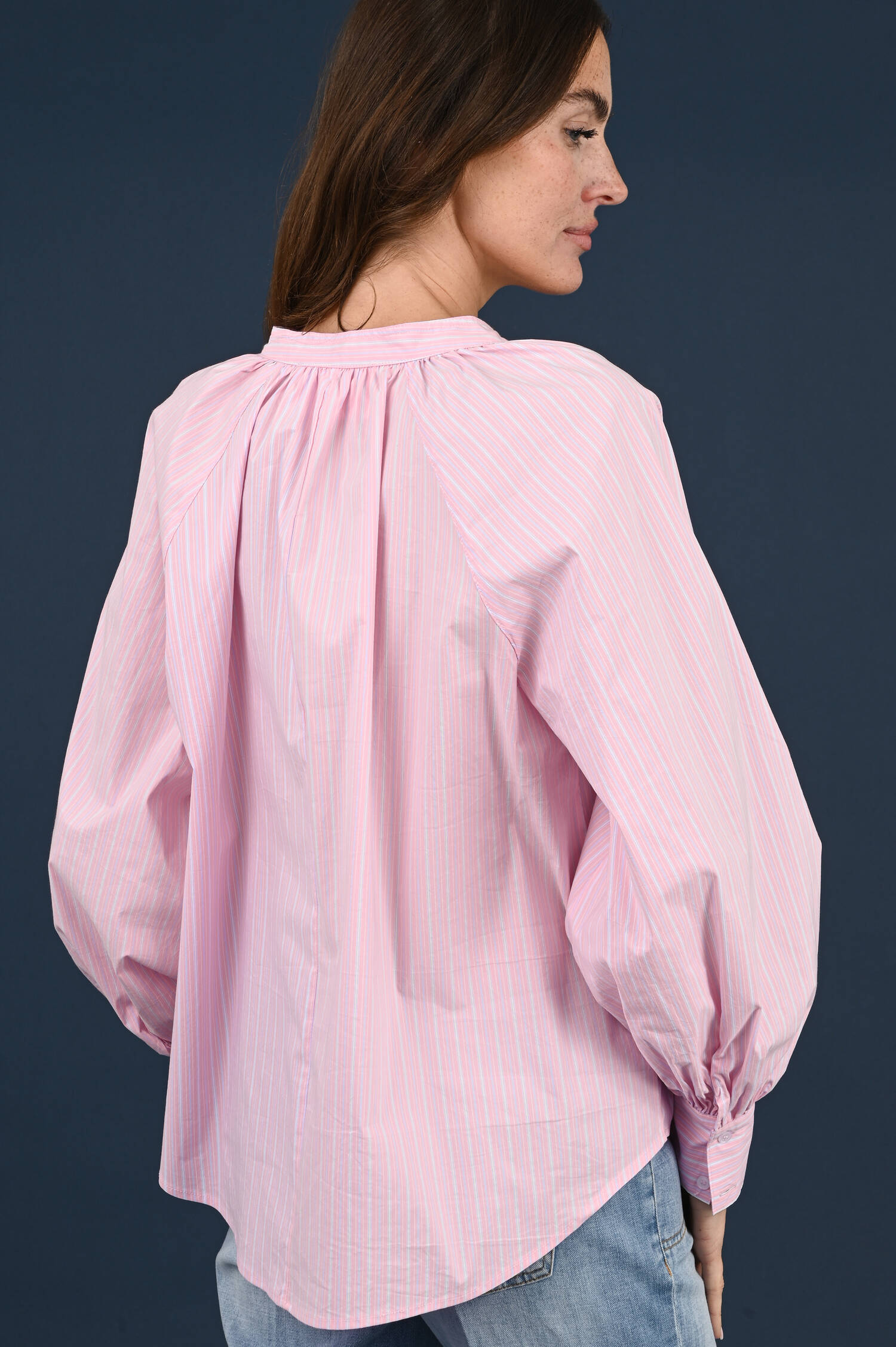 Schlupfbluse in Pink/Blau/Weiß gestreift