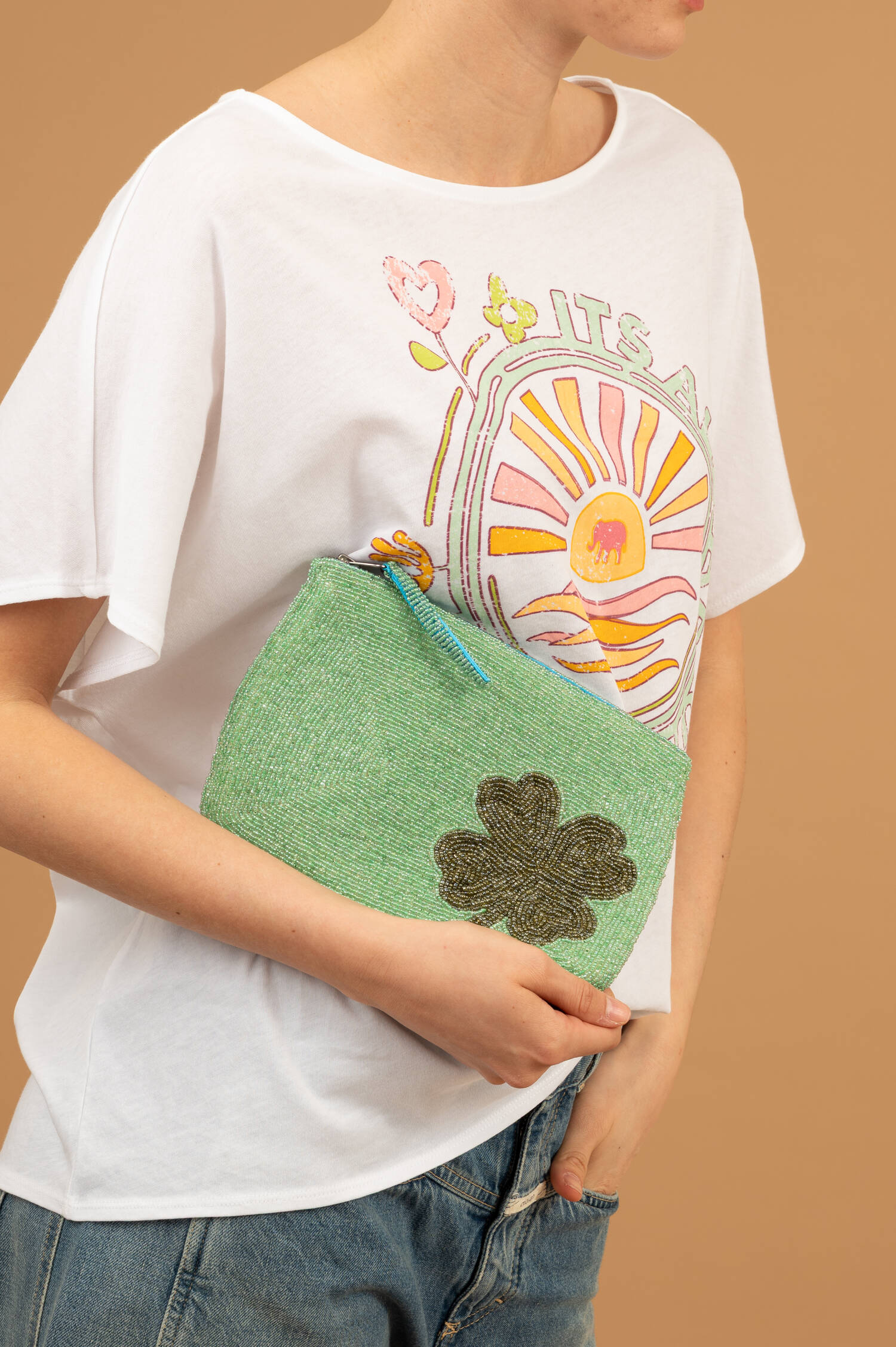 Perlen Clutch LUCKY in Türkis/Oliv