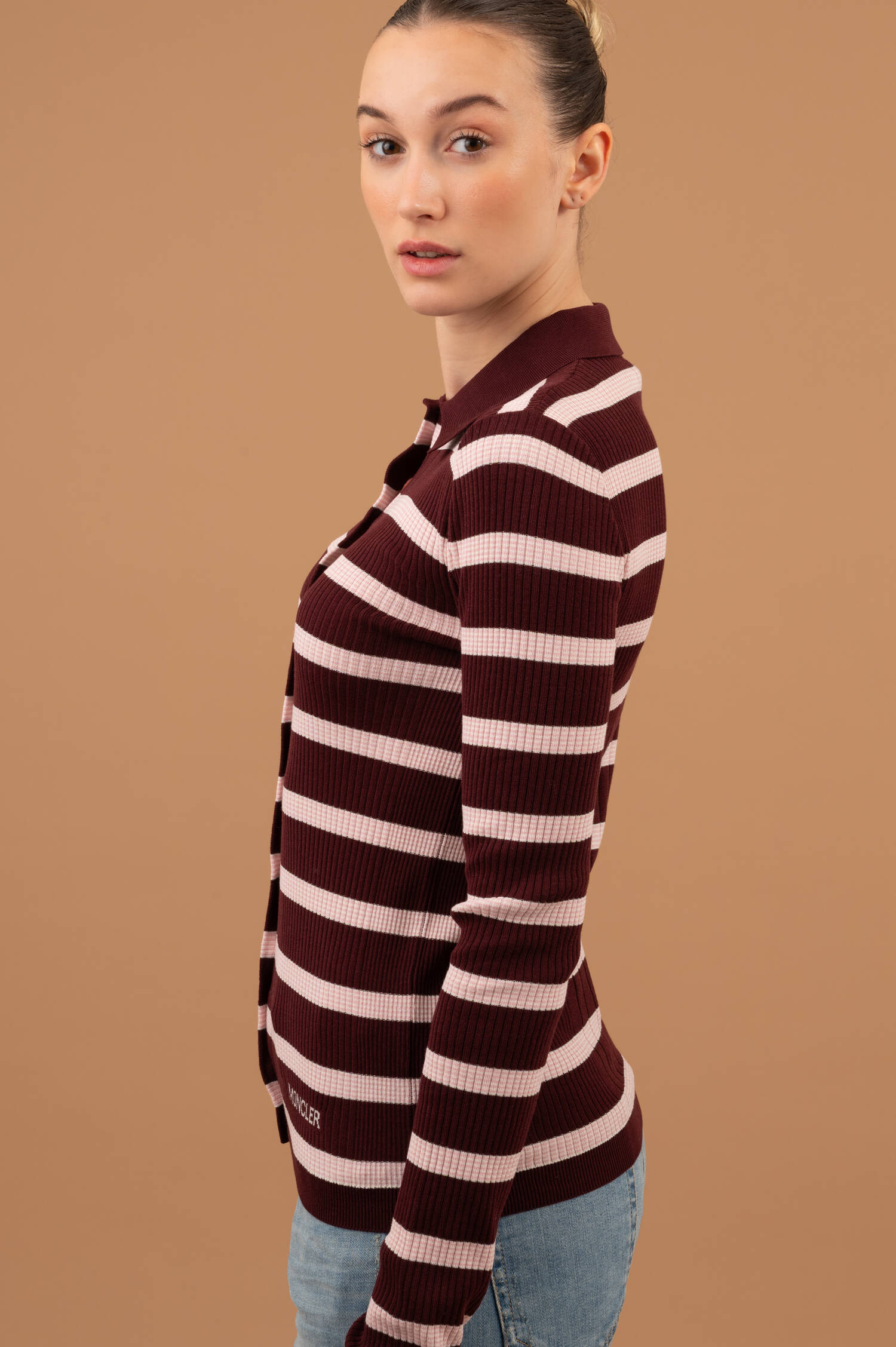 Rippstrick Polo in Burgund/Rosa/Weiß gestreift