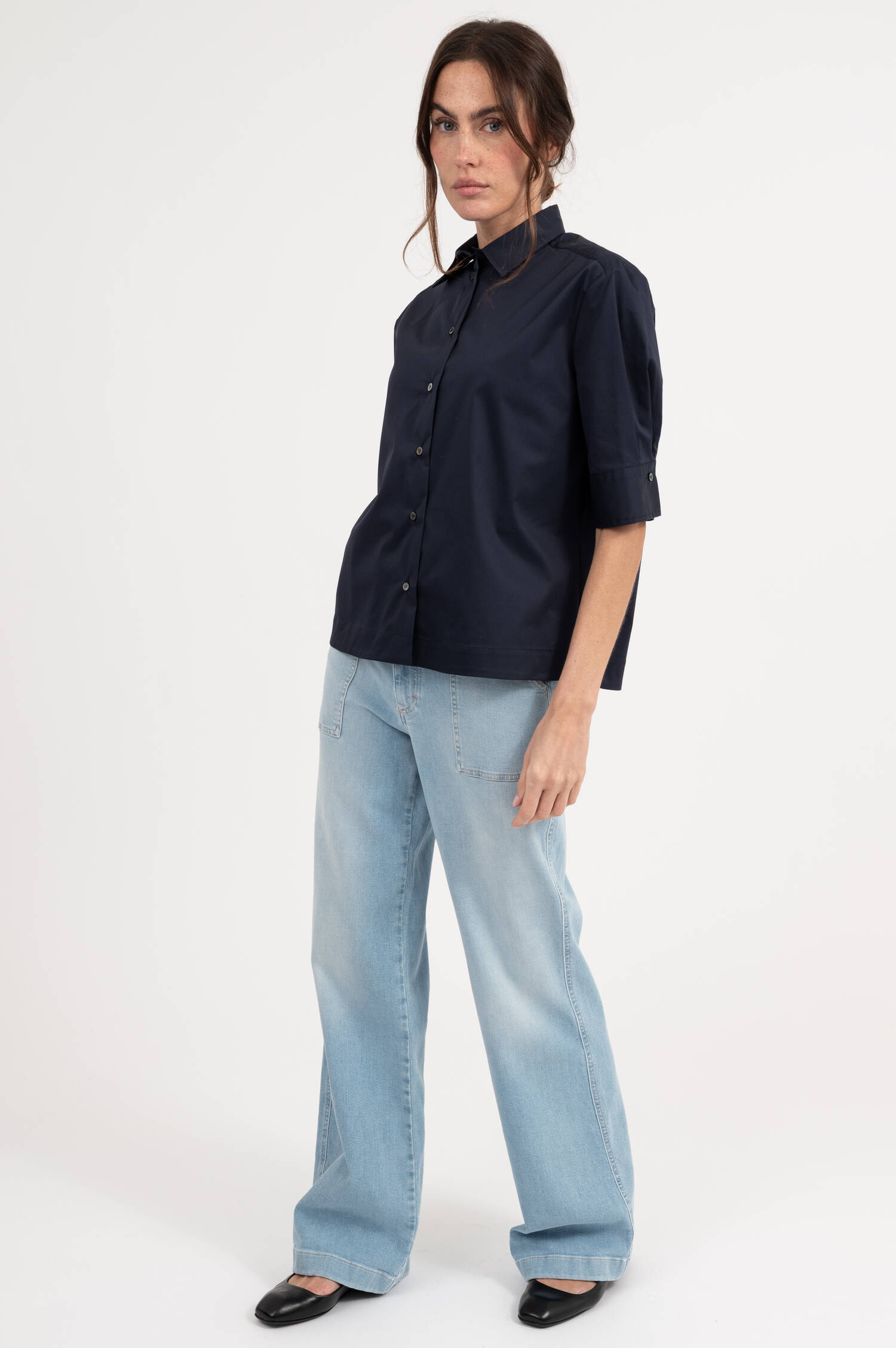 Kurzarm Bluse in Dunkelblau