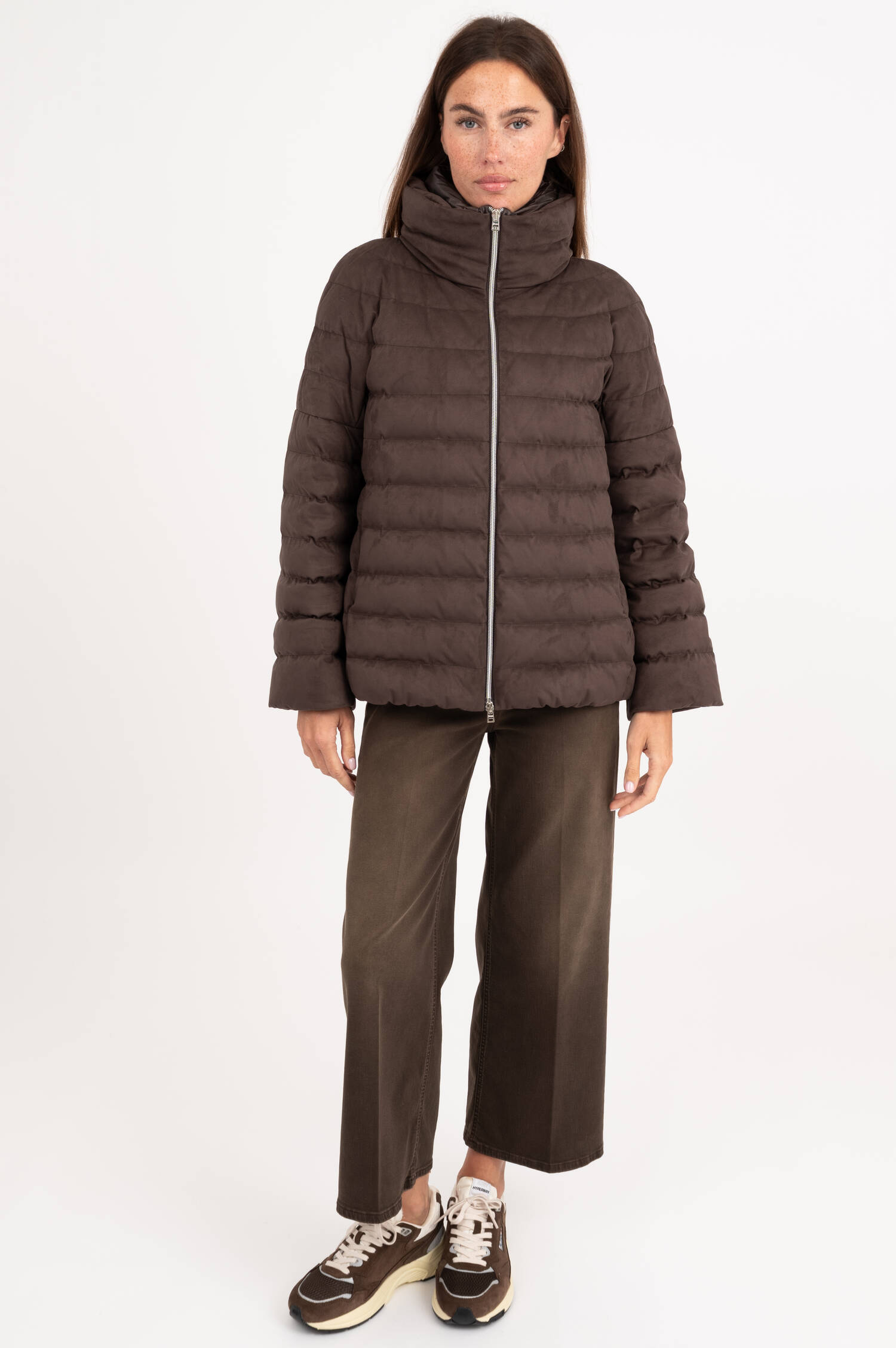 Daunenjacke aus Faux Suede in Dunkelbraun