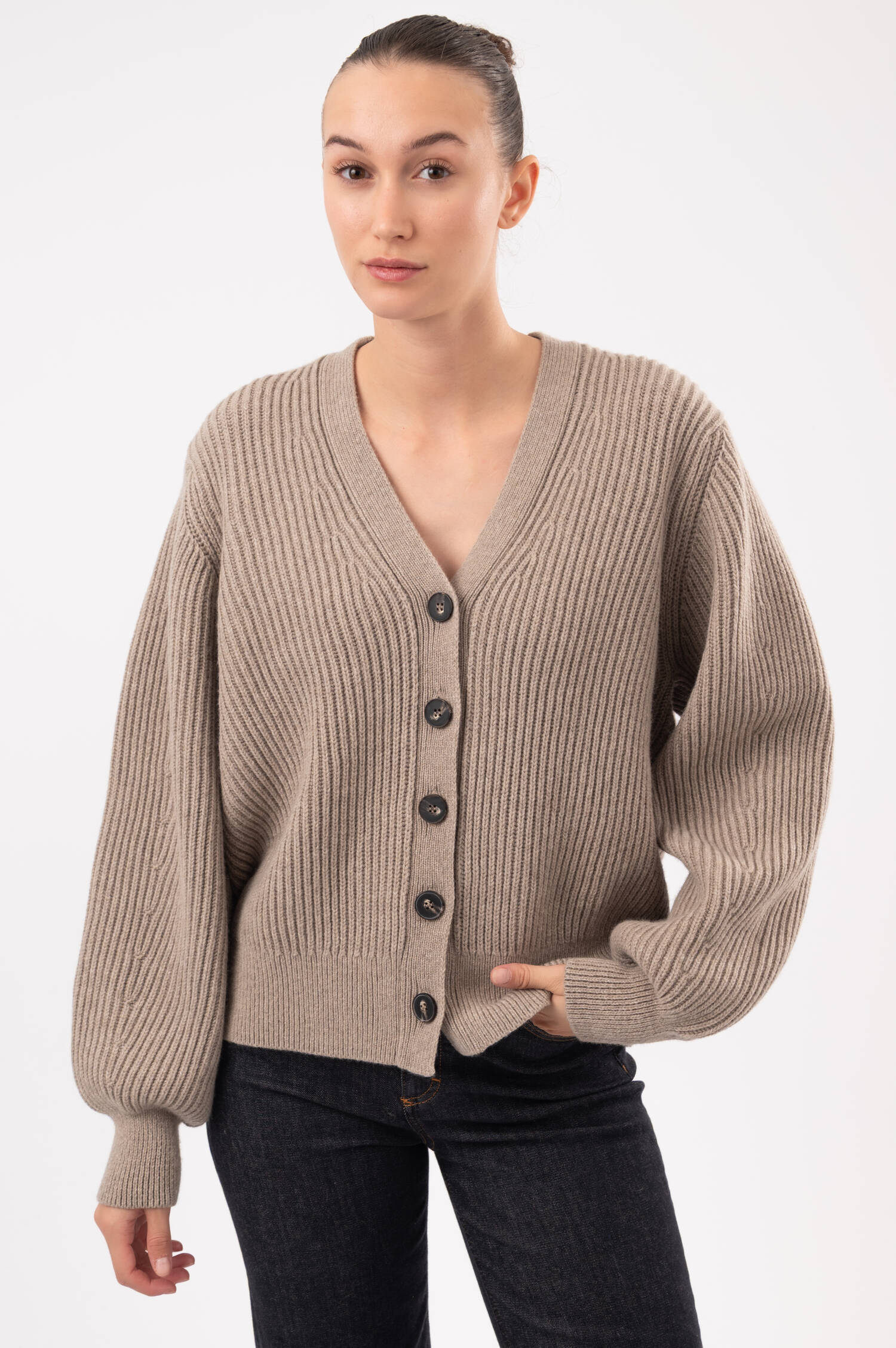 Rippstrick-Jacke aus Wolle in Beige Rippstrick-Jacke aus Wolle in Beige