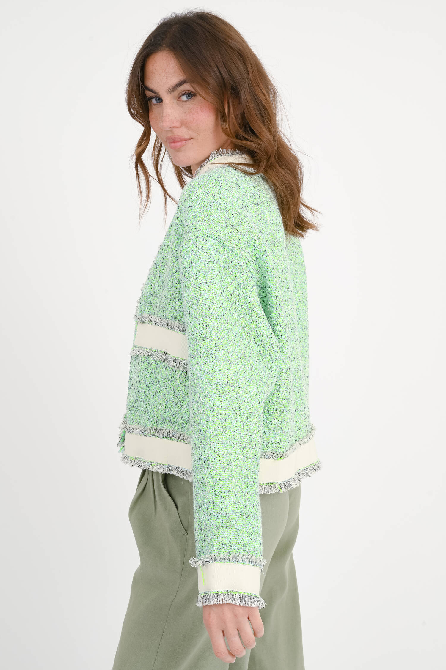 Jacke in Tweed-Bouclé-Optik in Hellblau/Lime