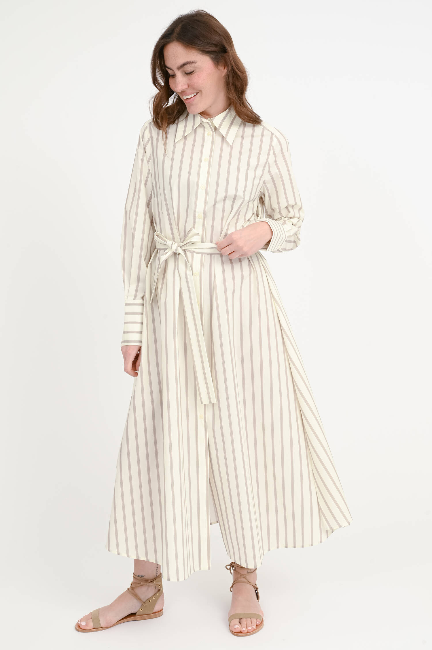 Maxi-Hemdblusenkleid in Taupe/Creme gestreift