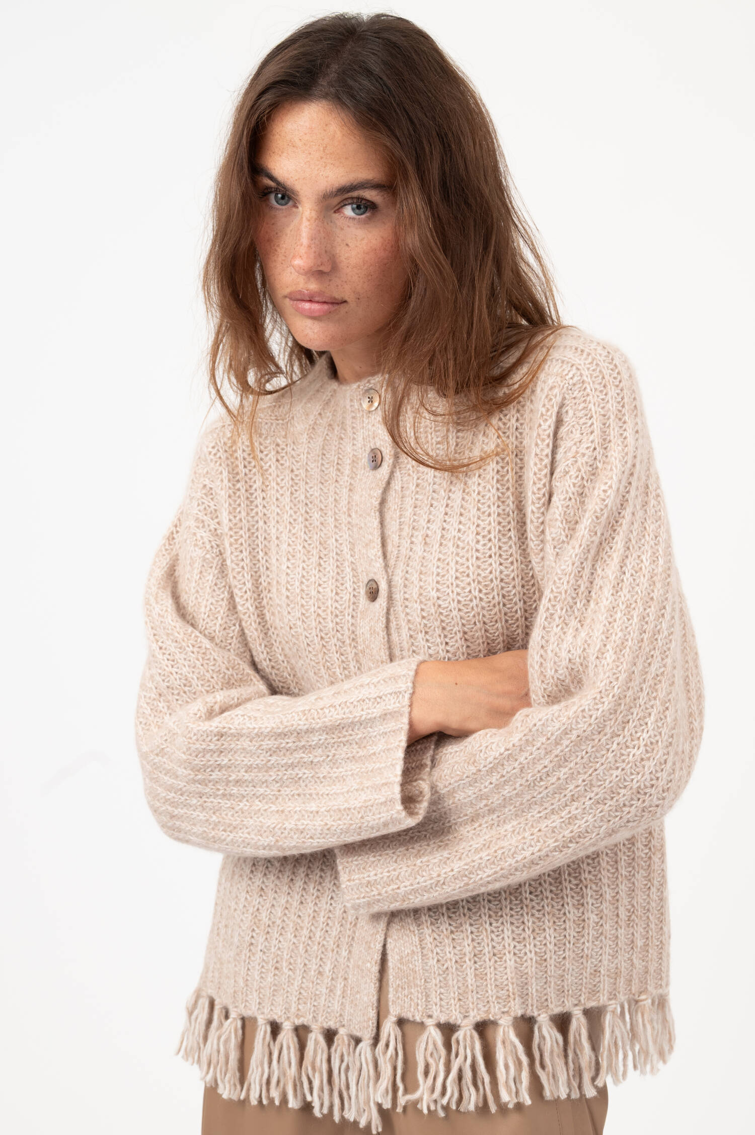 Cardigan mit Fransen in Rosa meliert Cardigan mit Fransen in Rosa meliert