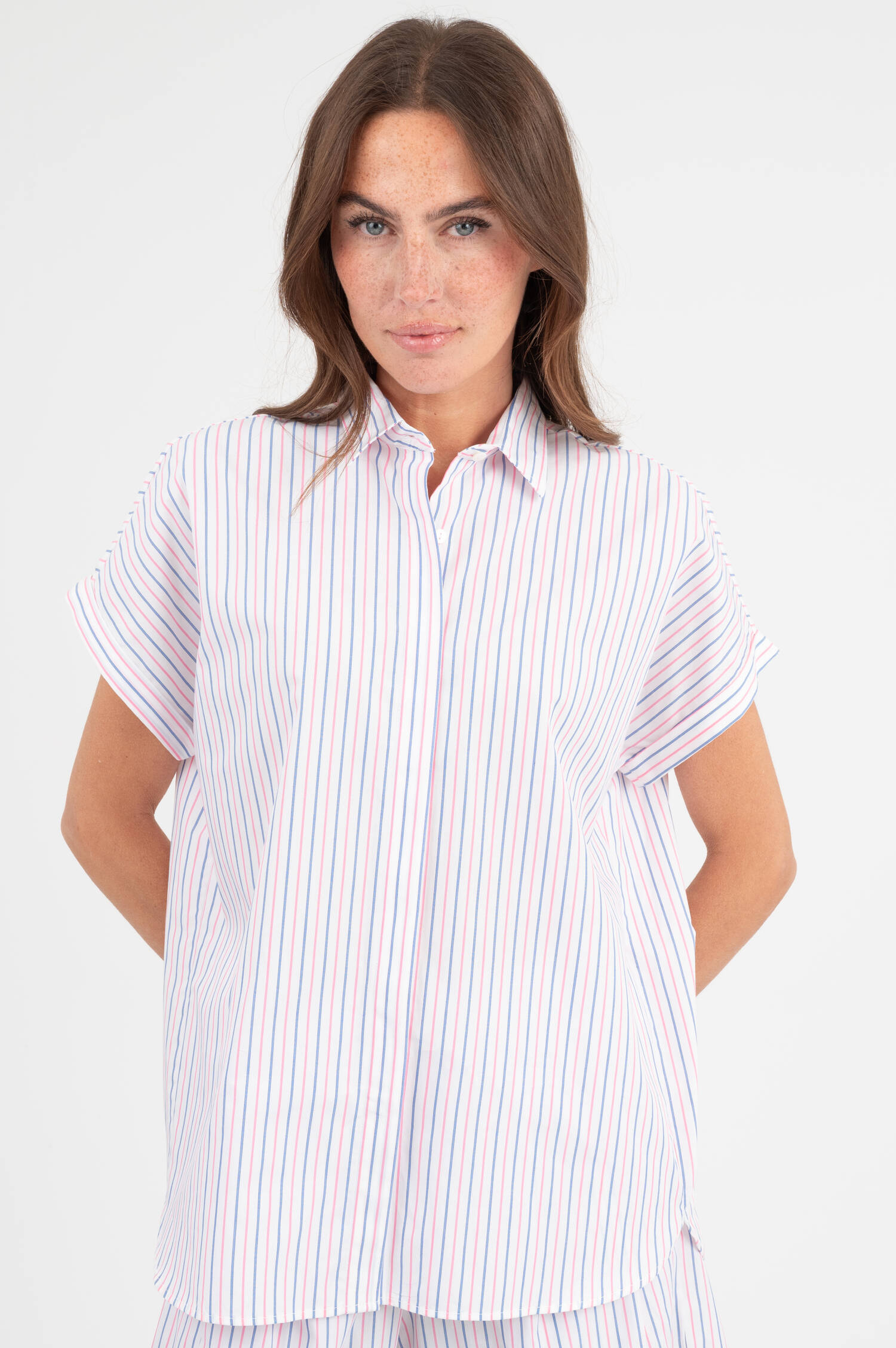 Popeline Bluse in Pink/Blau/Weiß gestreift