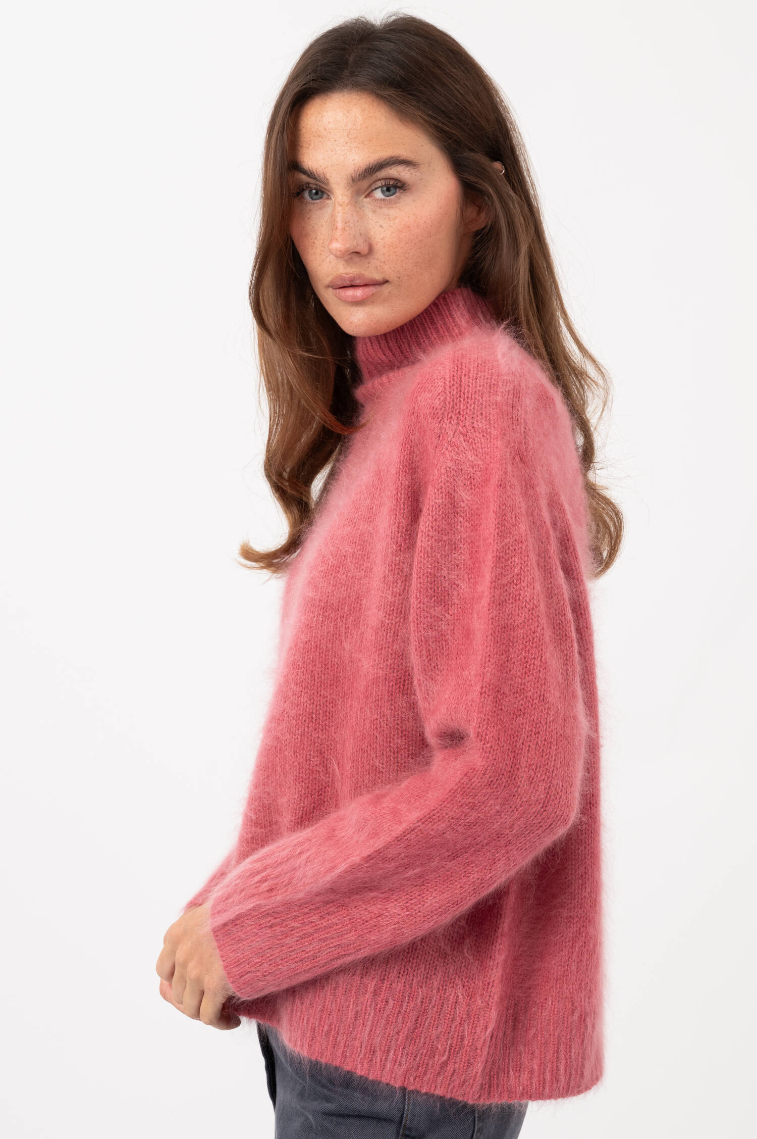 Cashmere-Pullover mit Stehkragen in Pastellrot