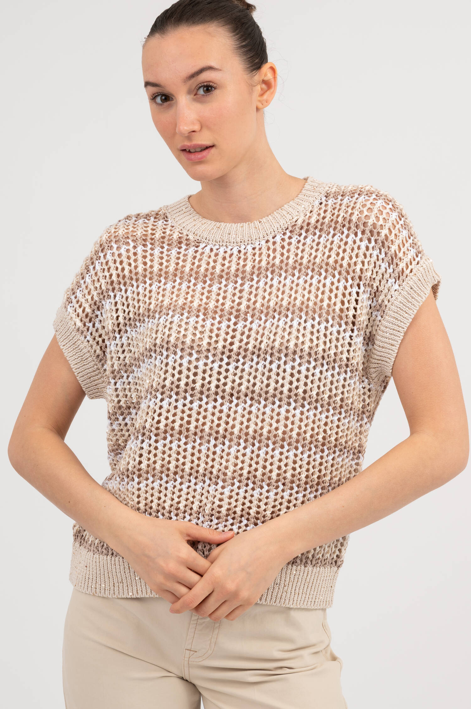 Lochstrick Pullover mit Pailletten in Beige