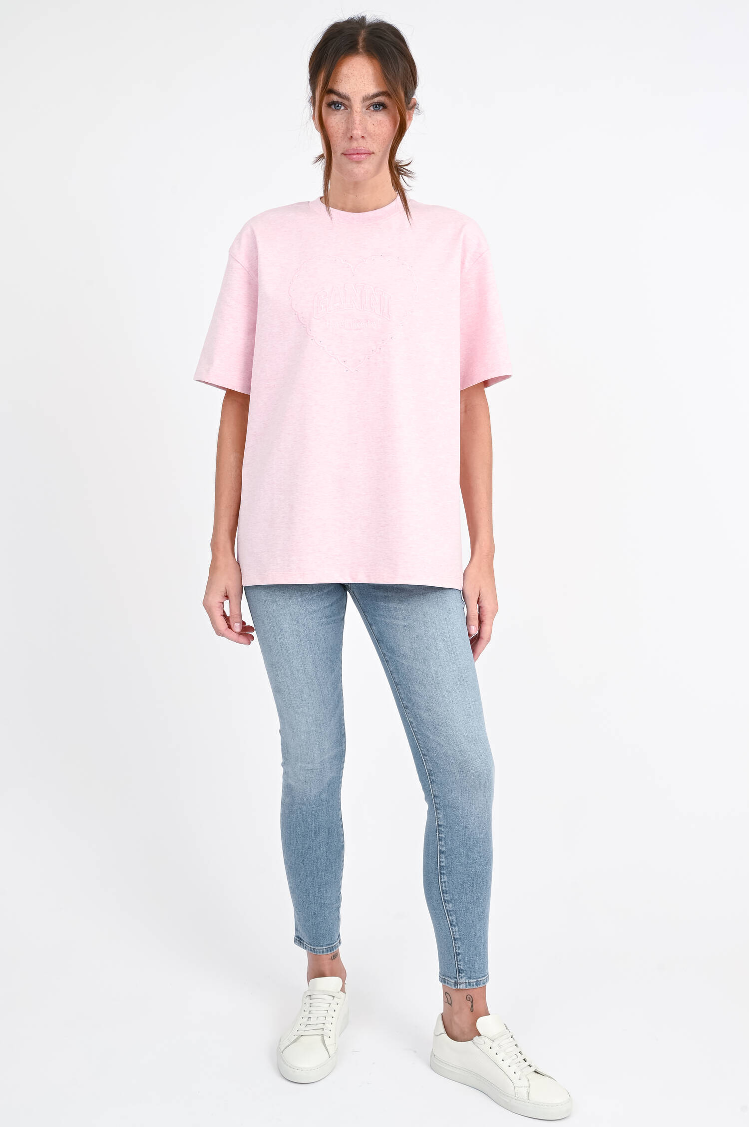 T-Shirt mit Herz-Stickerei in Rosa