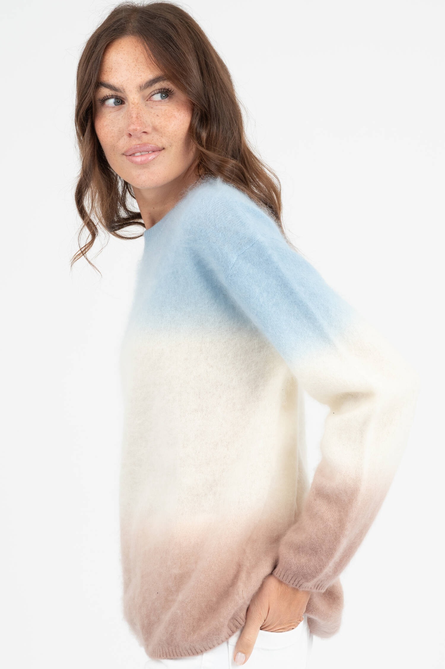 Woll-Cashmere Pullover in Blau/Weiß/Taupe