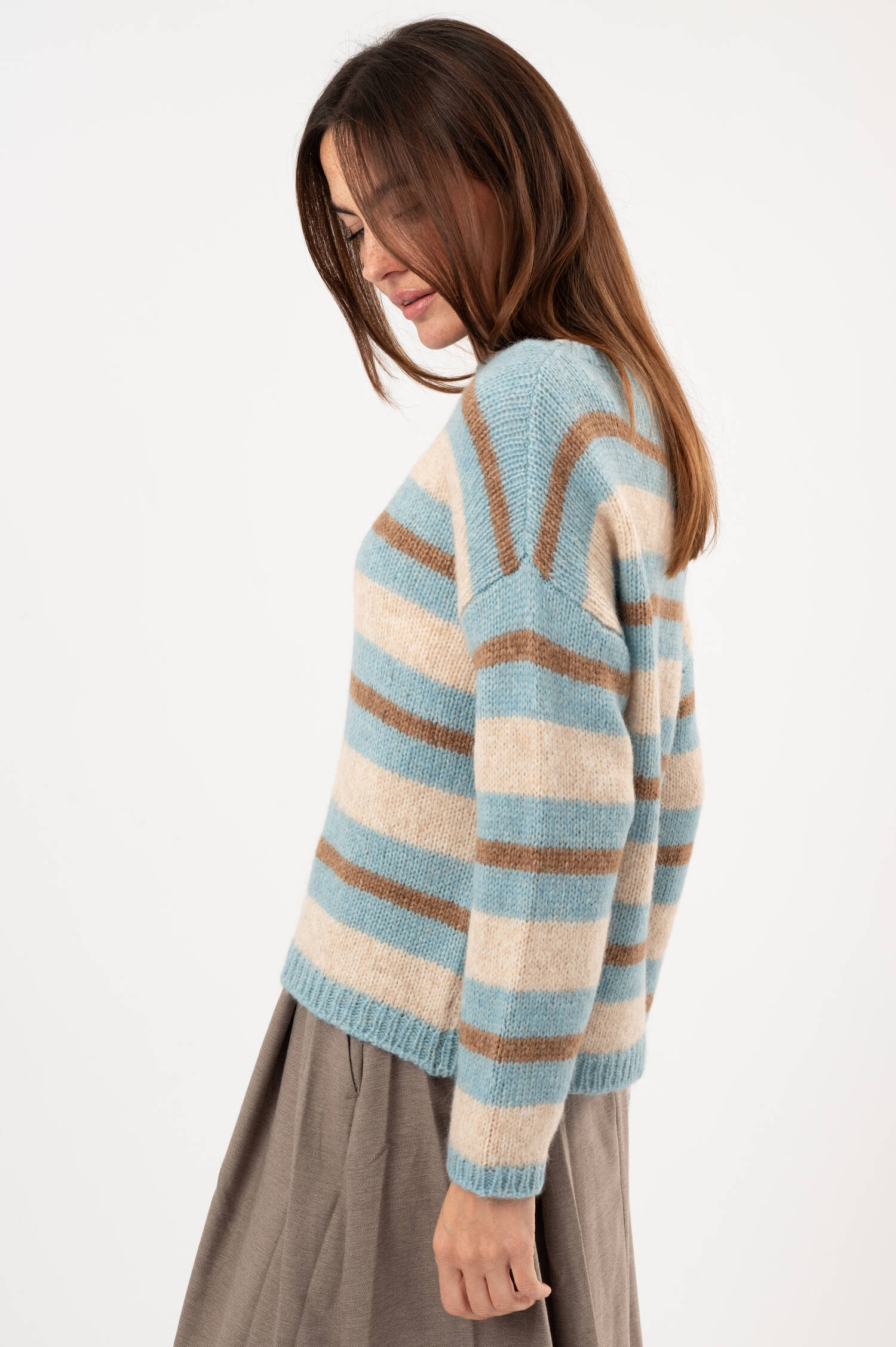 Relaxed-Pullover mit Streifen in Hellblau/Beige Relaxed-Pullover mit Streifen in Hellblau/Beige