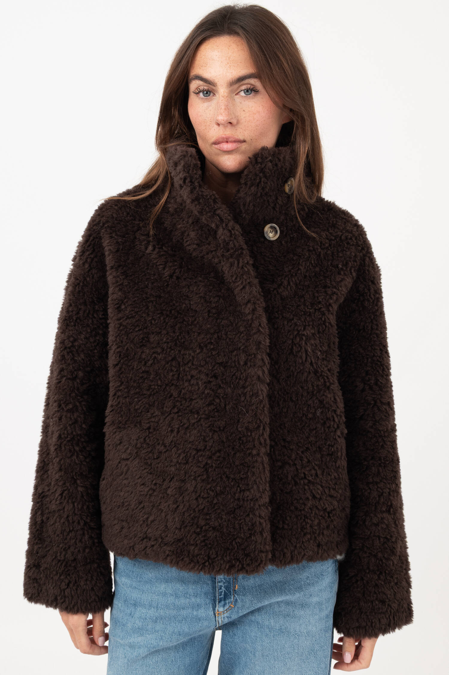 Woll-Mix-Teddyjacke in Dunkelbraun