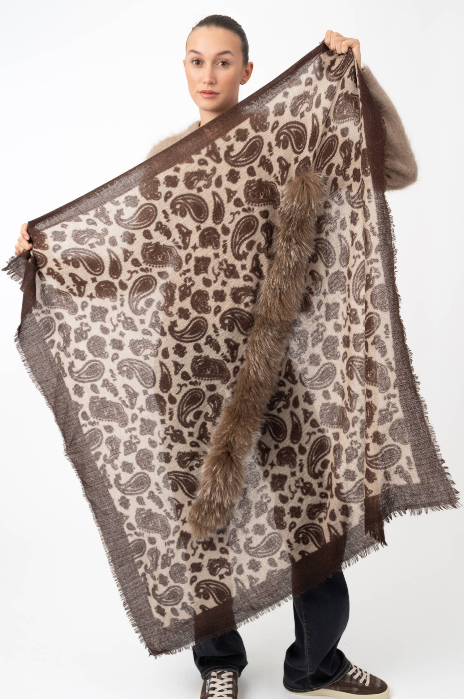 Cashmere - Mix Tuch JIMELLA mit Fell in Braun 