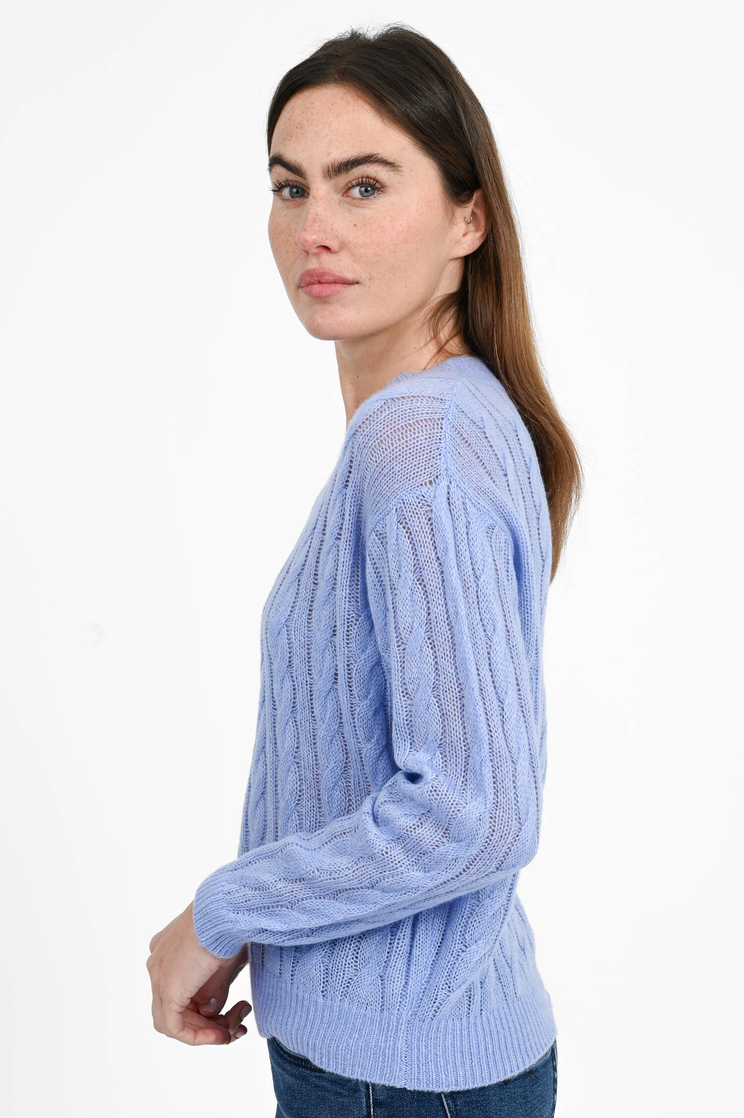 Zopfstrick-Pullover mit V-Neck in Blue