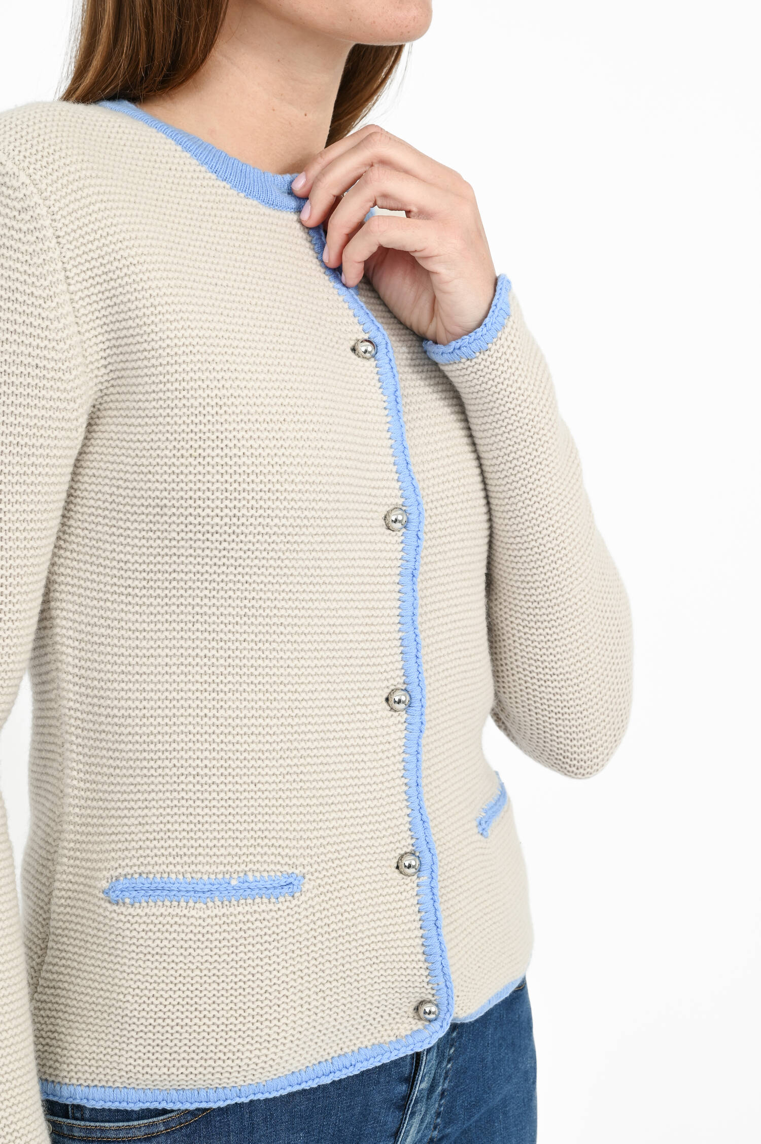 Woll-Strickjacke in Beige/Blau