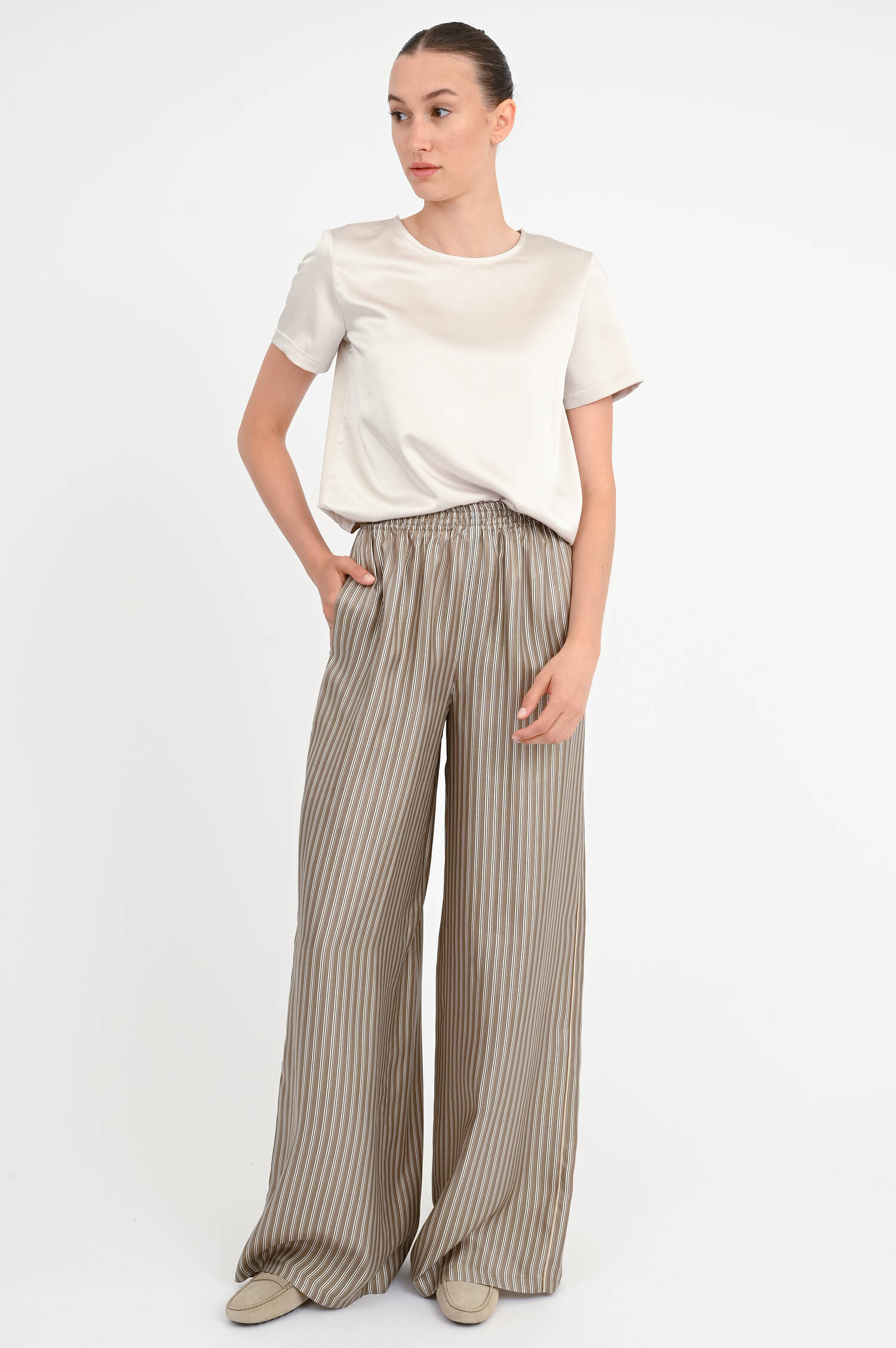 Gestreifte Seidenhose LADINO in Khaki/Beige