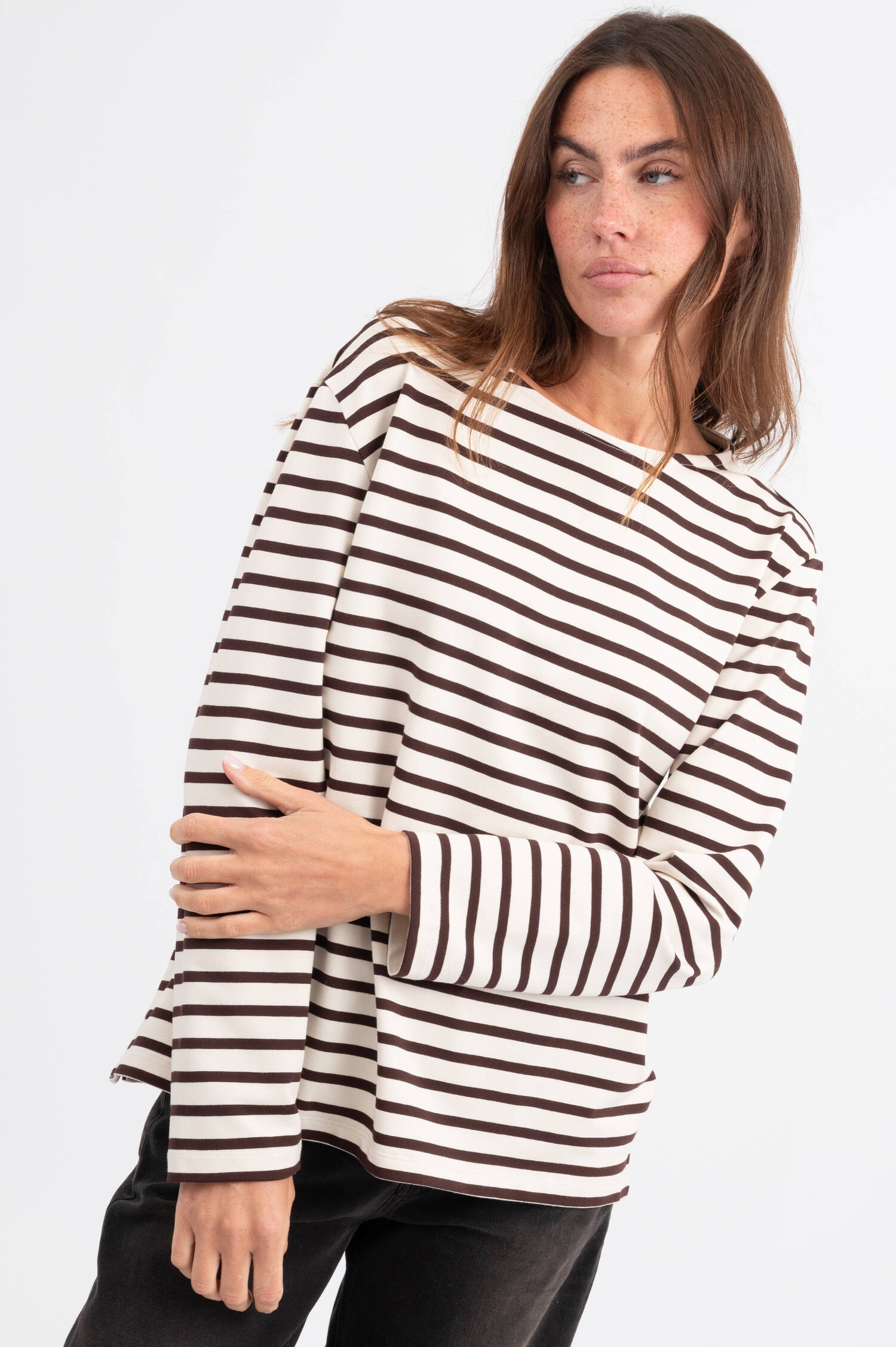 Langarm-Ringelshirt in Ecru/Braun Langarm-Ringelshirt in Ecru/Braun