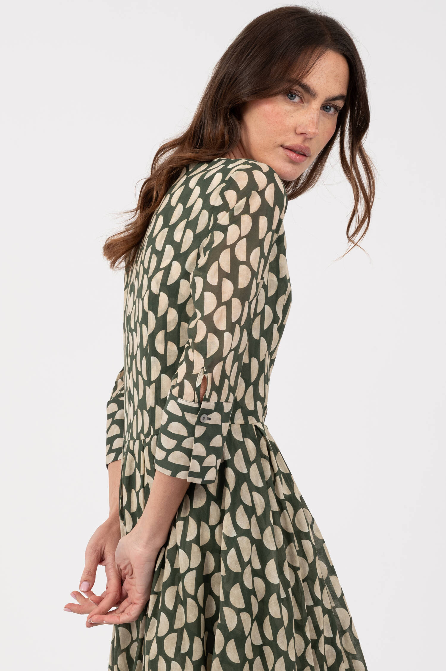 Gemustertes Midi Kleid in Oliv/Beige